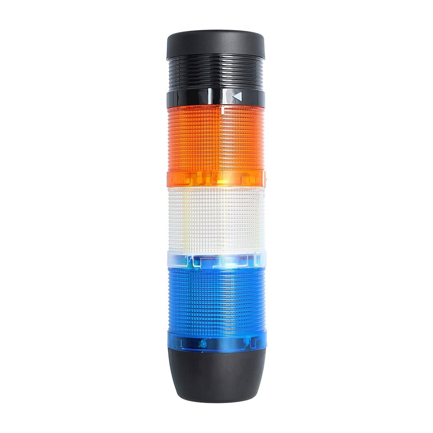 Eine zylindrische LED-Signalleuchte mit orange, weißen und blauen Abschnitten, die zur Signalisierung von Status oder Warnungen in industriellen Umgebungen verwendet wird.