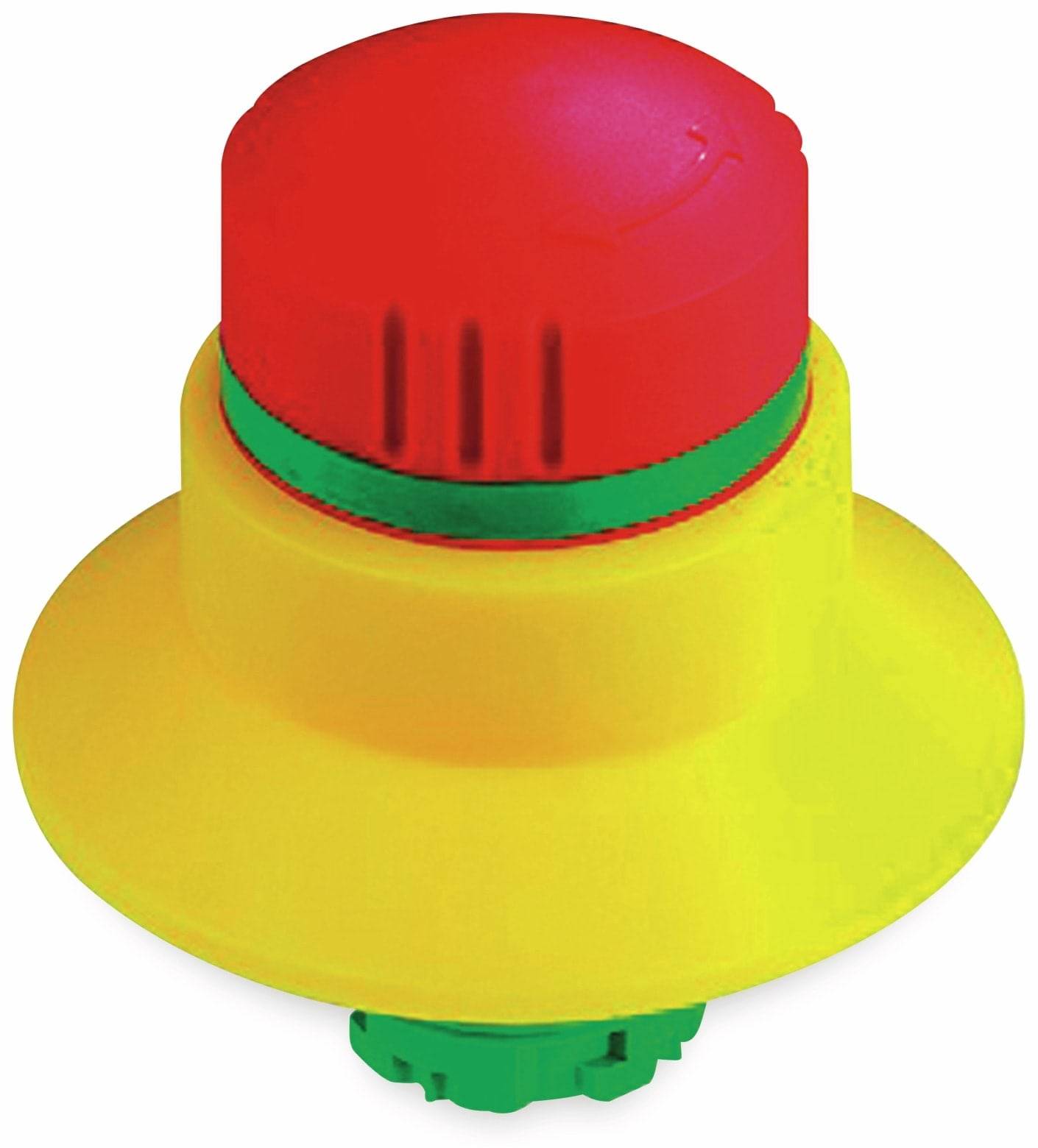 Ein roter Not-Aus-Knopf auf einer gelben Grundfläche, der üblicherweise zur Sicherheit verwendet wird, um Maschinen oder Ausrüstung in einer Notsituation schnell zum Stillstand zu bringen.