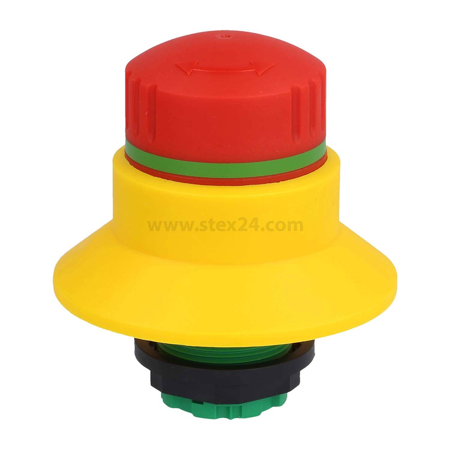 Notfallstoppschalter, rot mit gelbem Schutzrand, häufig verwendet für Sicherheit in industriellen und mechanischen Anwendungen.