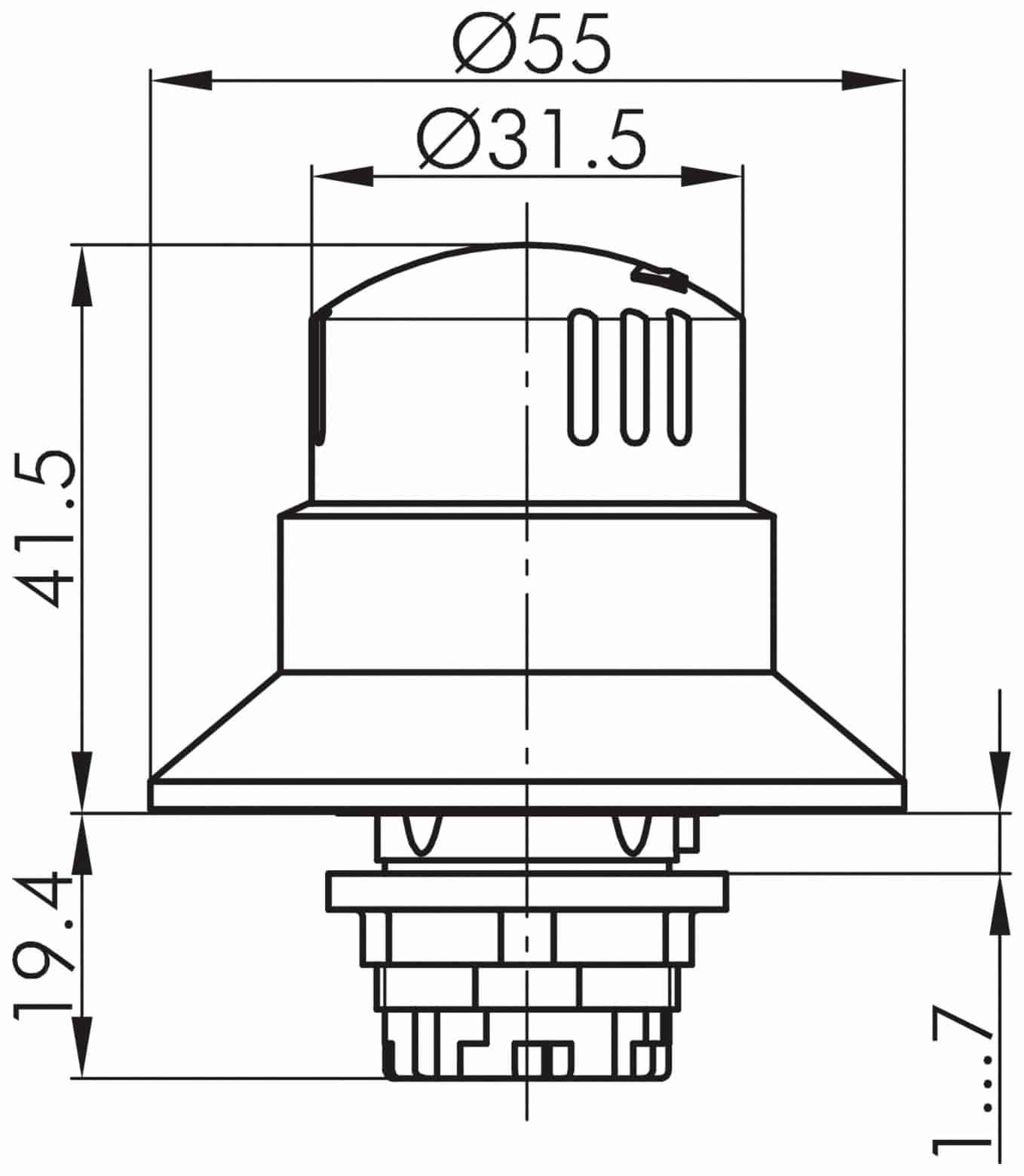 Technische Zeichnung eines Lichtschalters mit Maßangaben. Der Schalter hat einen Durchmesser von 31,5 mm und eine Höhe von 41,5 mm.