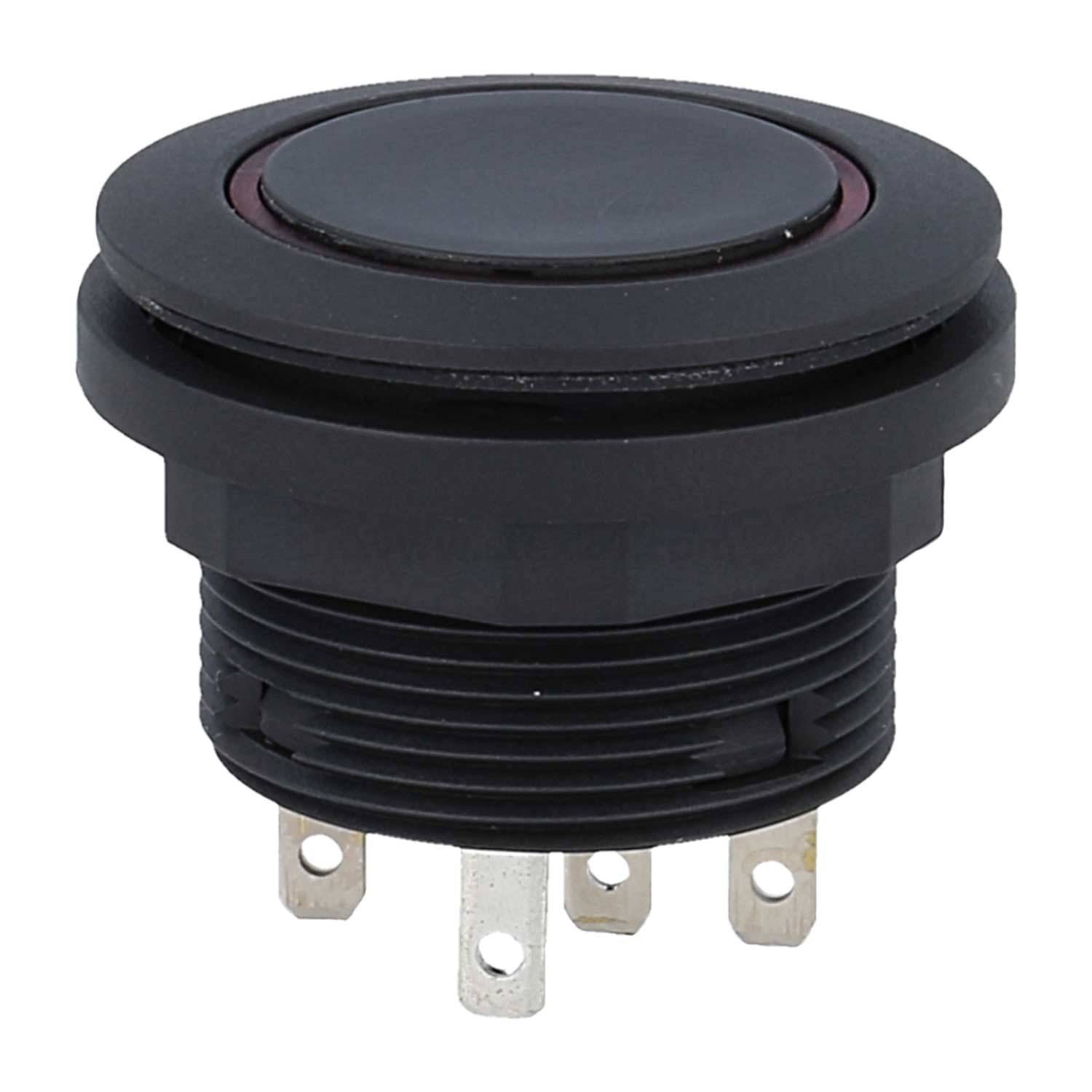 Ein schwarzer Drucktaster mit drei Metallzacken darunter für elektrische Anschlüsse.