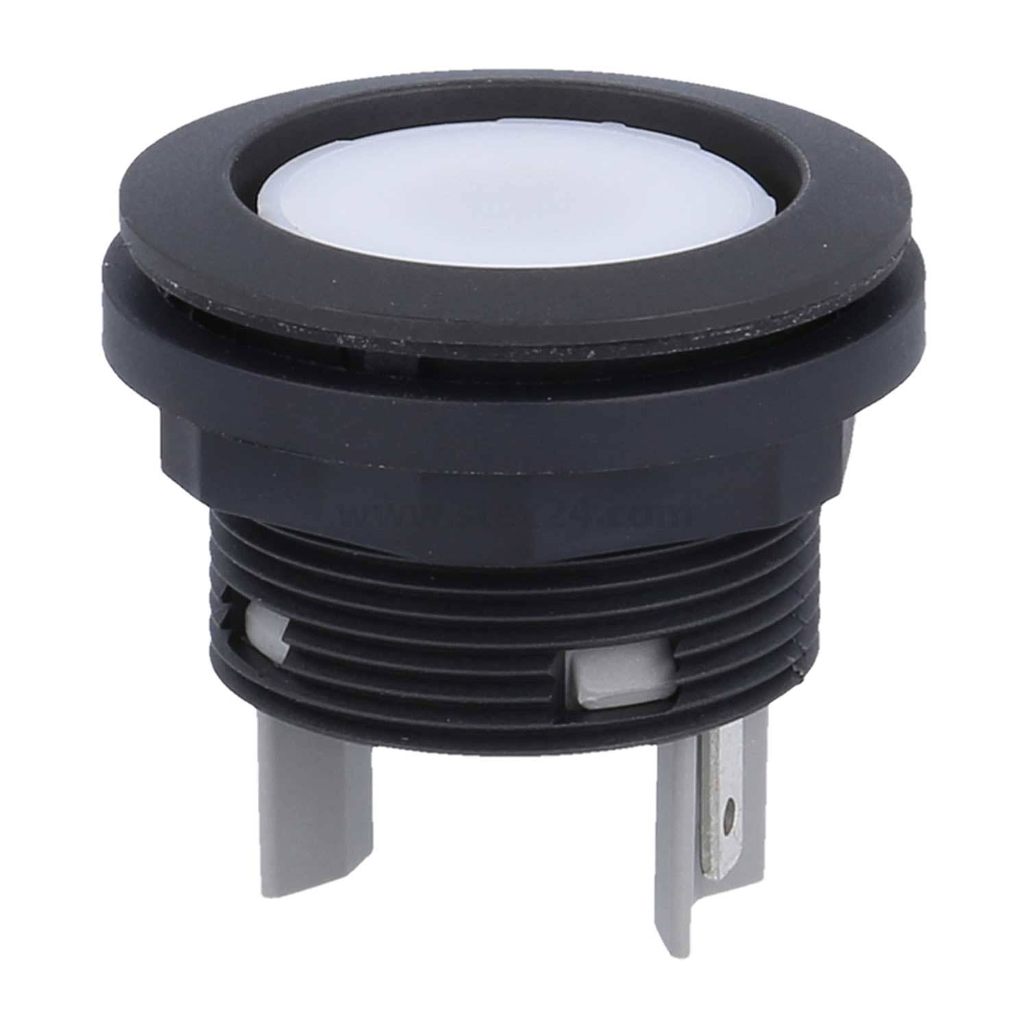 Runder schwarzer Druckknopf mit zwei Metallzapfen am unteren Ende zum Befestigen oder Anschließen.