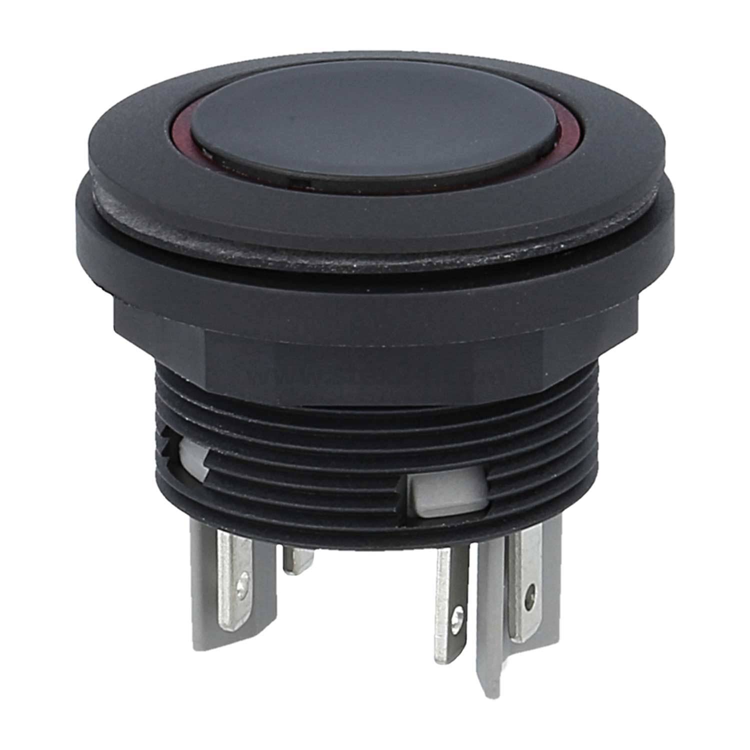 Ein schwarzer runder Drucktaster mit Metallstiften, konstruiert für elektrische Schaltkreise.
