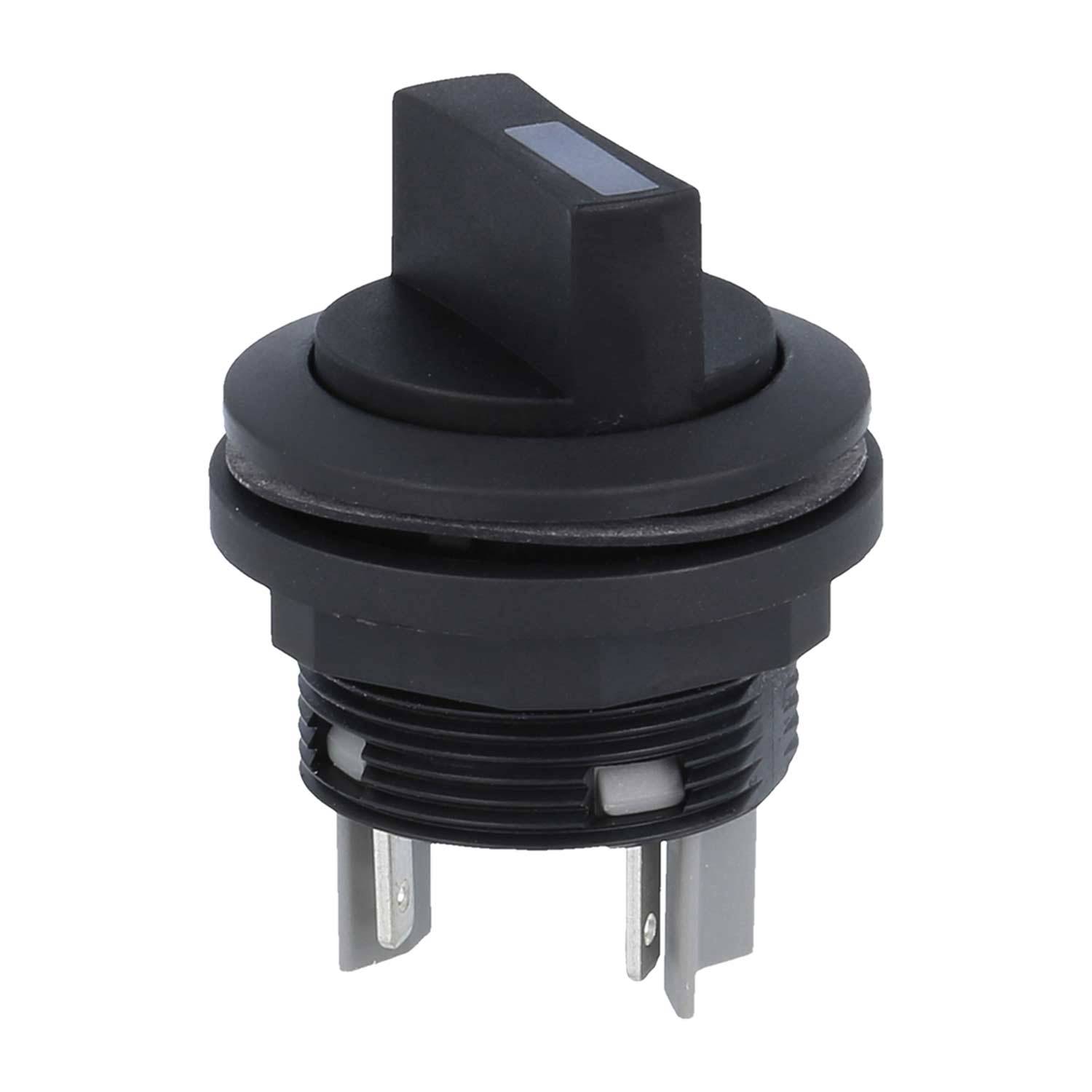 Ein schwarzer, runder Wippschalter mit drei Metallanschlüssen, der für die Montage auf einer Platte konzipiert ist.