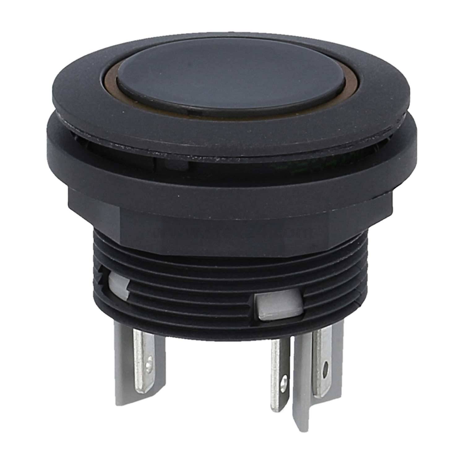 Schwarzer runder Druckschalter mit drei Metallkontakten, konzipiert für elektronische Schaltkreise in verschiedenen Geräten.