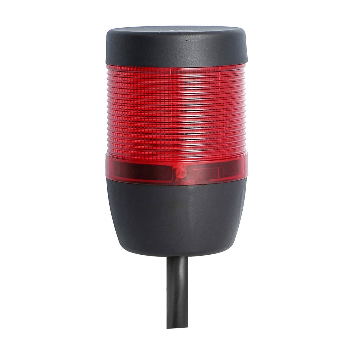 Rote zylindrische LED-Signalleuchte mit schwarzem Sockel und Kabel, verwendet für Sicherheits- oder Warnzwecke.