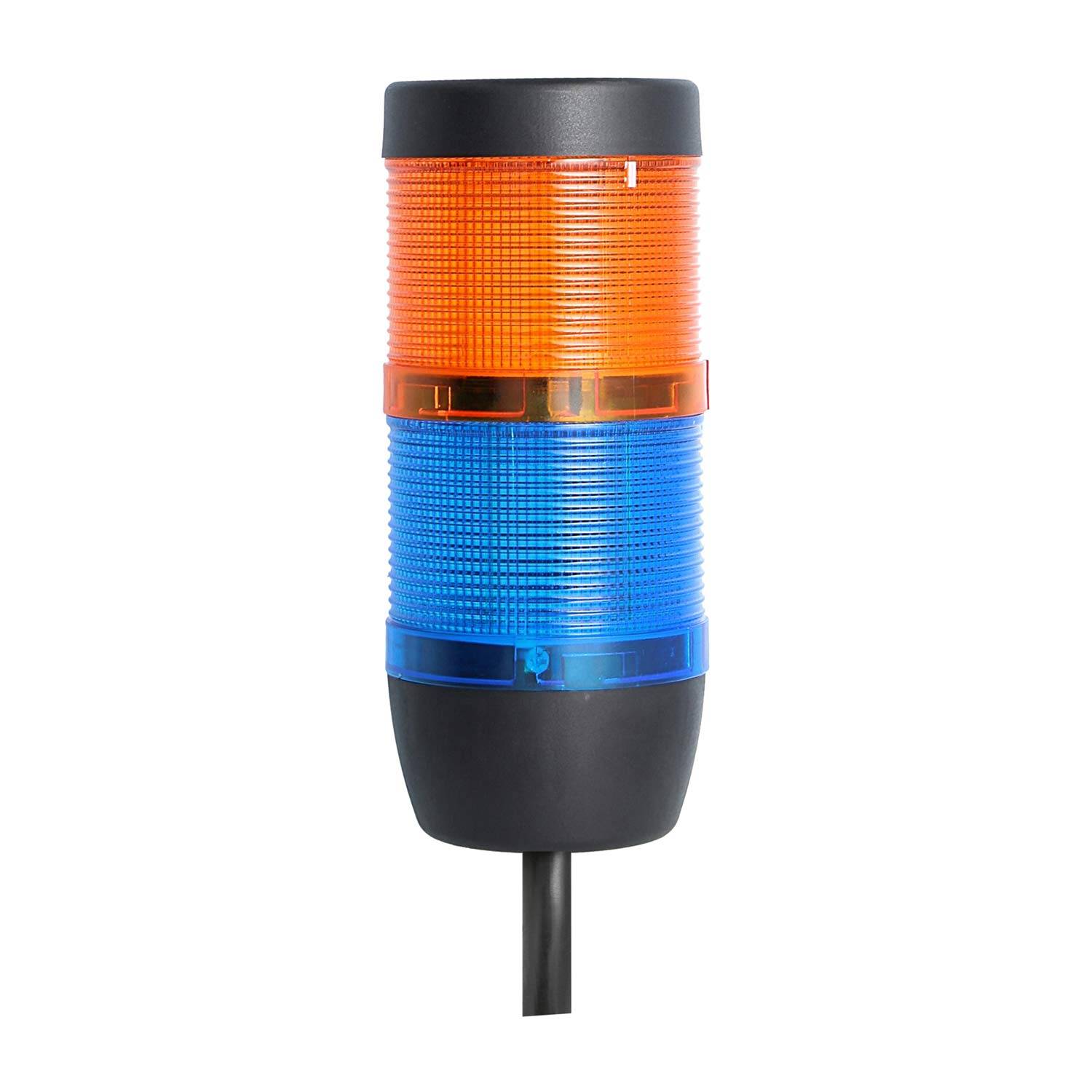 Eine Signalleuchte in Zylinderform mit orange und blauen Abschnitten ist auf einer schwarzen Basis montiert. Sie wird zur Anzeige des Maschinenstatus verwendet.