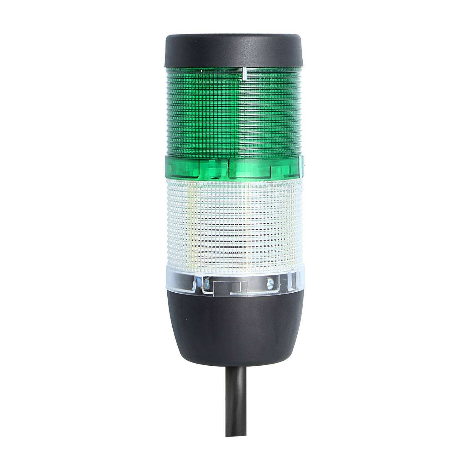Eine Signalleuchte mit grünen und weißen Anzeigen, die den Betriebsstatus anzeigt.