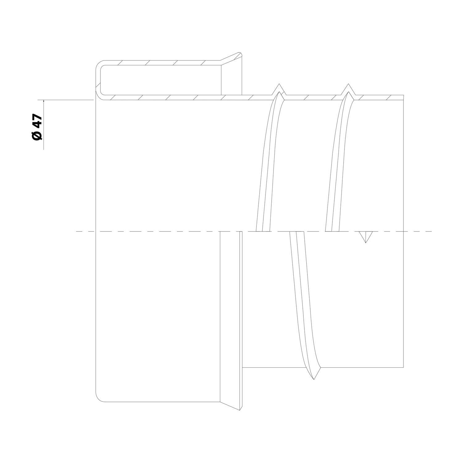 Technische Zeichnung eines zylindrischen Objekts mit einem Durchmesser von 47 mm, mit detaillierter Querschnittsansicht und Konstruktionslinien.
