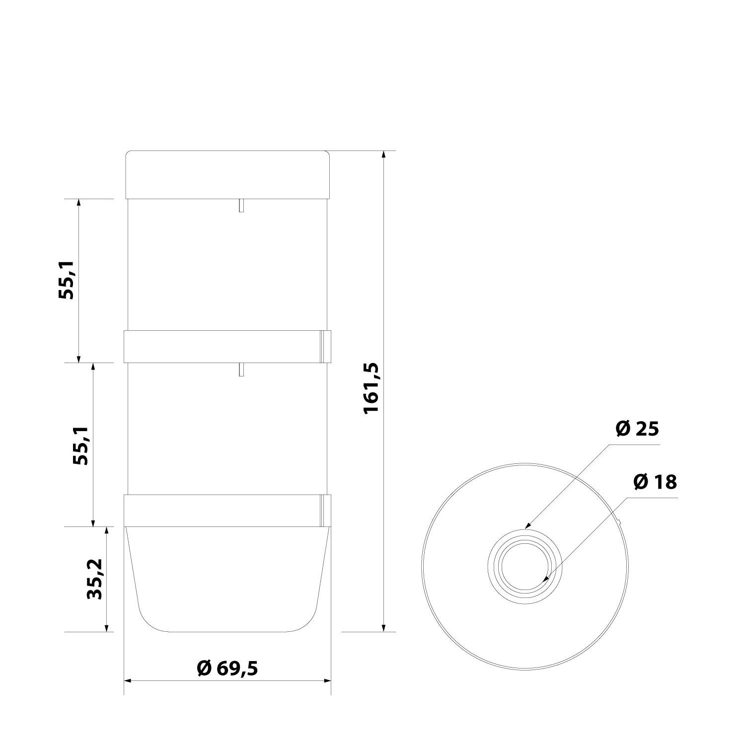 127394 STEX24 Signalsäule blau-rot, 70mm, 24V AC/DC, LED-Blinklicht SS70-OB2/24 111 MaßeLänge161,0mm, Durchmesser