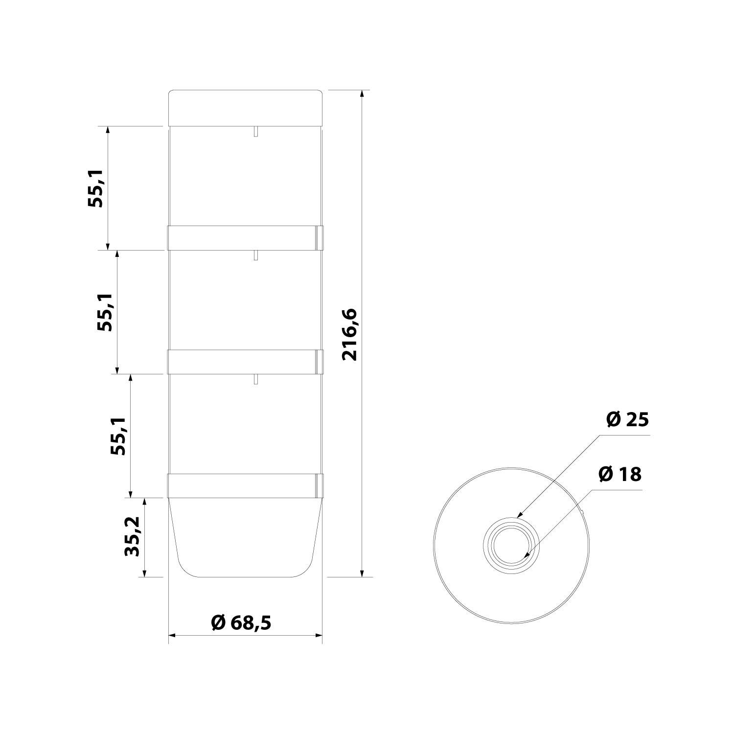 Bauplan eines zylindrischen Behälters mit einer Höhe von 216,6 mm, unterteilt in Abschnitte von jeweils 55,1 mm, 35,2 mm oberer Abschnitt, 68,5 mm Durchmesser. Draufsicht zeigt einen zentralen Kreis mit Durchmessern von 25 mm und 18 mm.