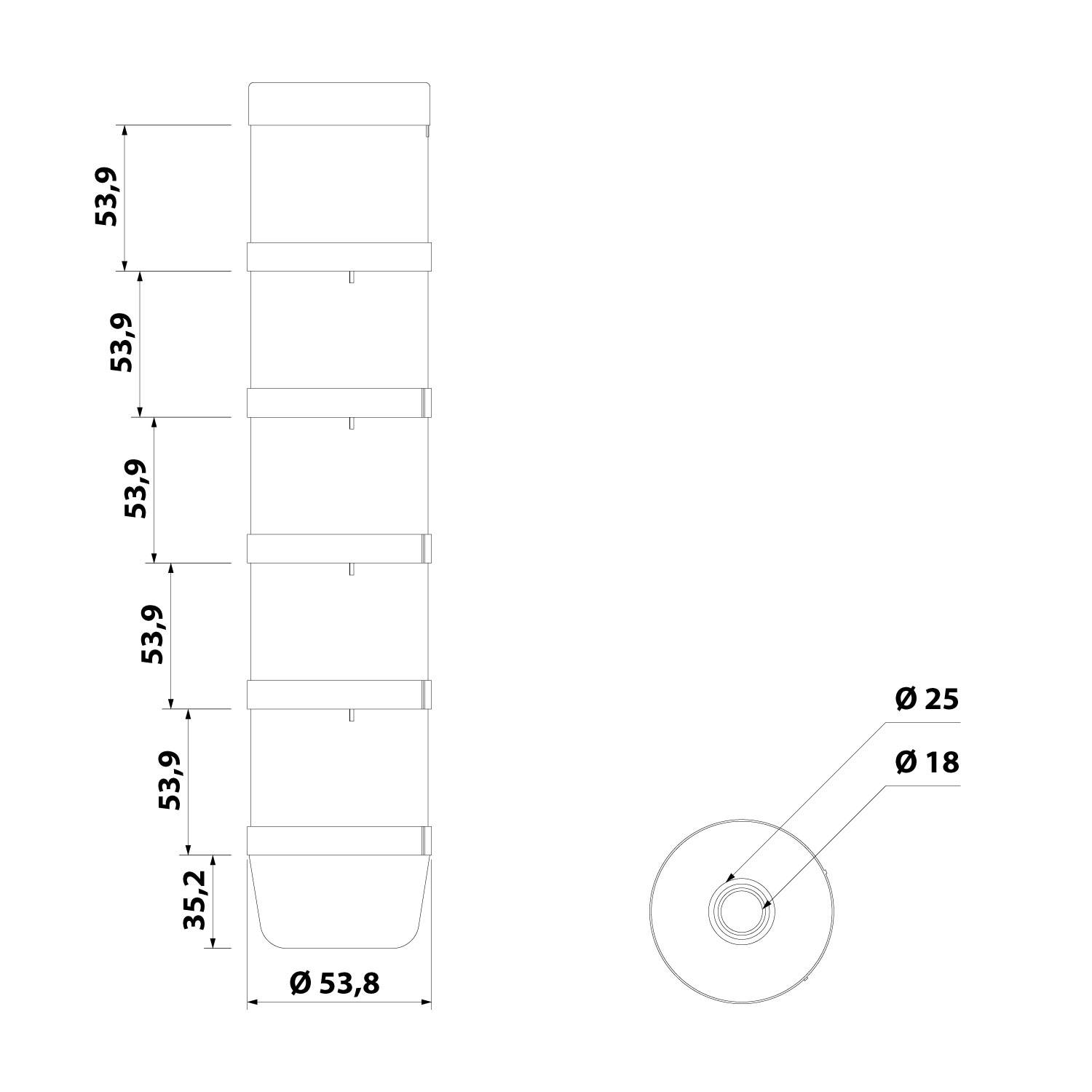 127432 STEX24 Signalsäule blau-weiß-grün-gelb-rot, 70mm, 24V AC/DC, LED-Blinklicht SS70-OB5/24 102 MaßeLänge327,0mm,