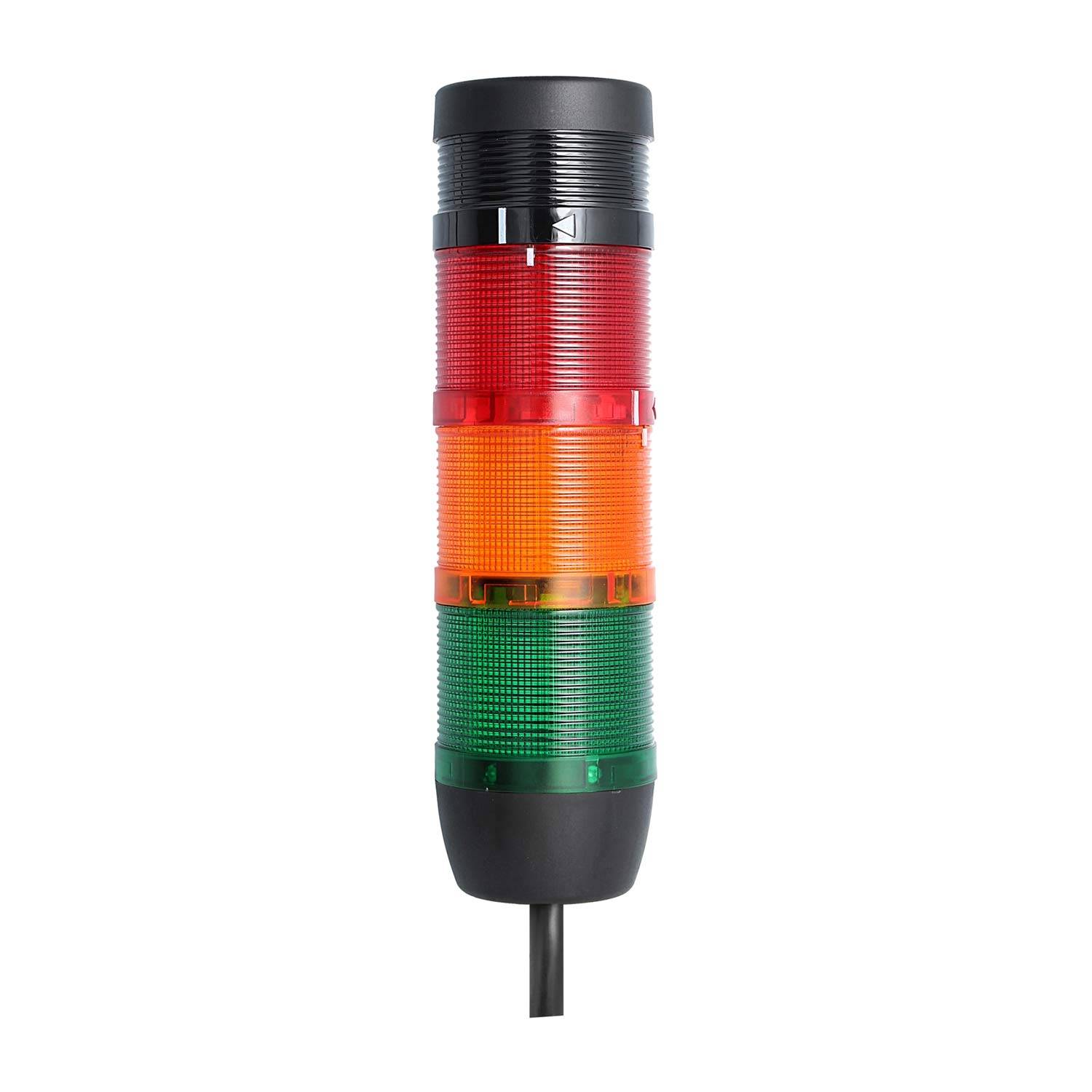 Eine Signalleuchte mit roten, gelben und grünen Abschnitten, die häufig in industriellen Umgebungen verwendet wird, um den Status einer Maschine oder eines Prozesses anzuzeigen.