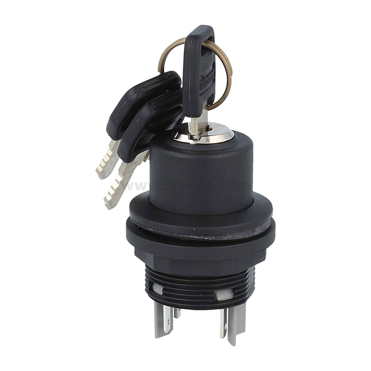 Ein schwarzer Zündschalter mit zwei Metallschlüsseln, der vor einem weißen Hintergrund gezeigt wird. Er weist eine zylindrische Form und Metallkontakte an der Basis auf.