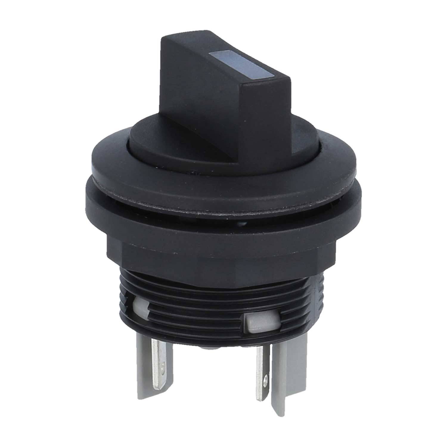 Ein schwarzer Kippschalter mit drei Anschlüssen und einem rechteckigen Griff, der für die Montage in elektronischen oder elektrischen Geräten ausgelegt ist.
