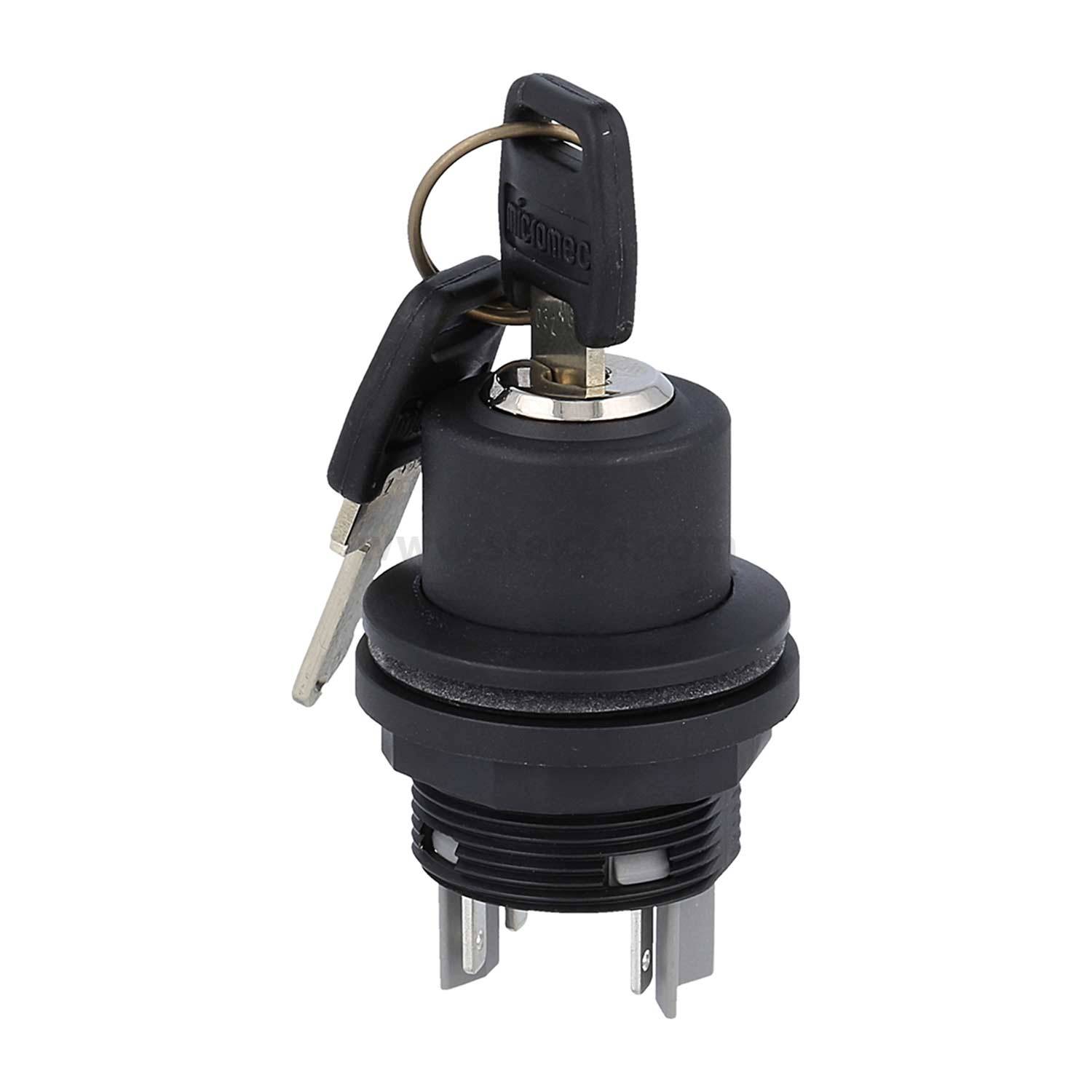 Ein schwarzer Zündschalter mit eingelegtem Schlüssel und einem weiteren Schlüssel am Schlüsselring. Mehrere elektrische Anschlüsse sind auf der Unterseite sichtbar.