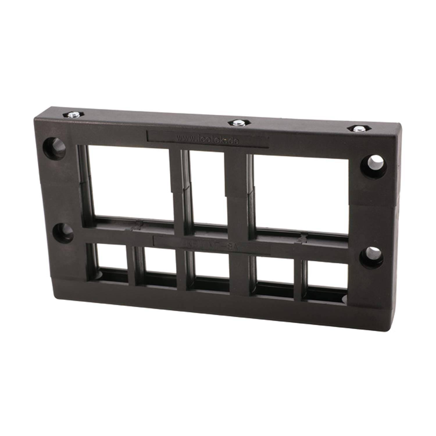 Ein schwarzer, rechteckiger Befestigungsrahmen mit mehreren Aussparungen und Schraubenlöchern, konzipiert zur Installation oder Befestigung von Komponenten.