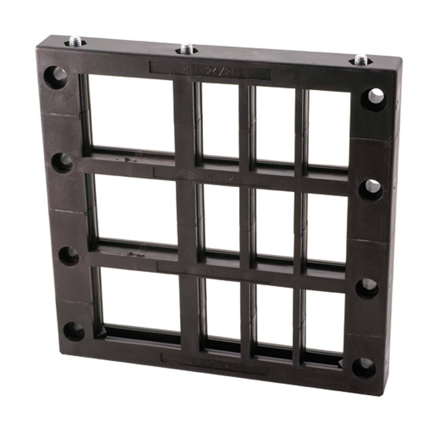 Ein schwarzes Industrie-Gitter mit einem Rastermuster, das sechs Schraubenlöcher zur sicheren Befestigung aufweist.