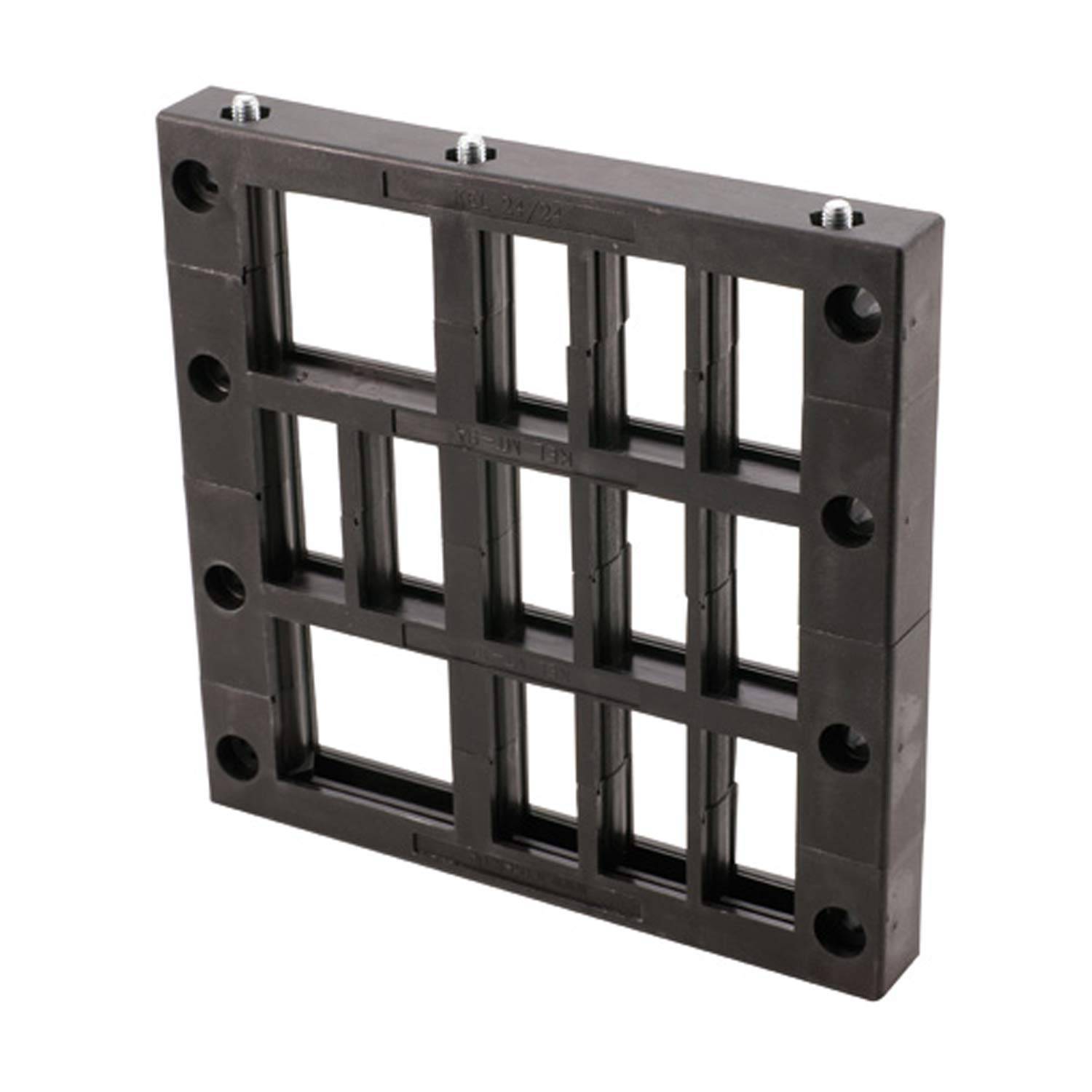 Ein schwarzer, gitterartiger Kunststoff-Montagrahmen mit mehreren Schraubenlöchern, der zur strukturellen Unterstützung oder für Installationszwecke bestimmt ist.