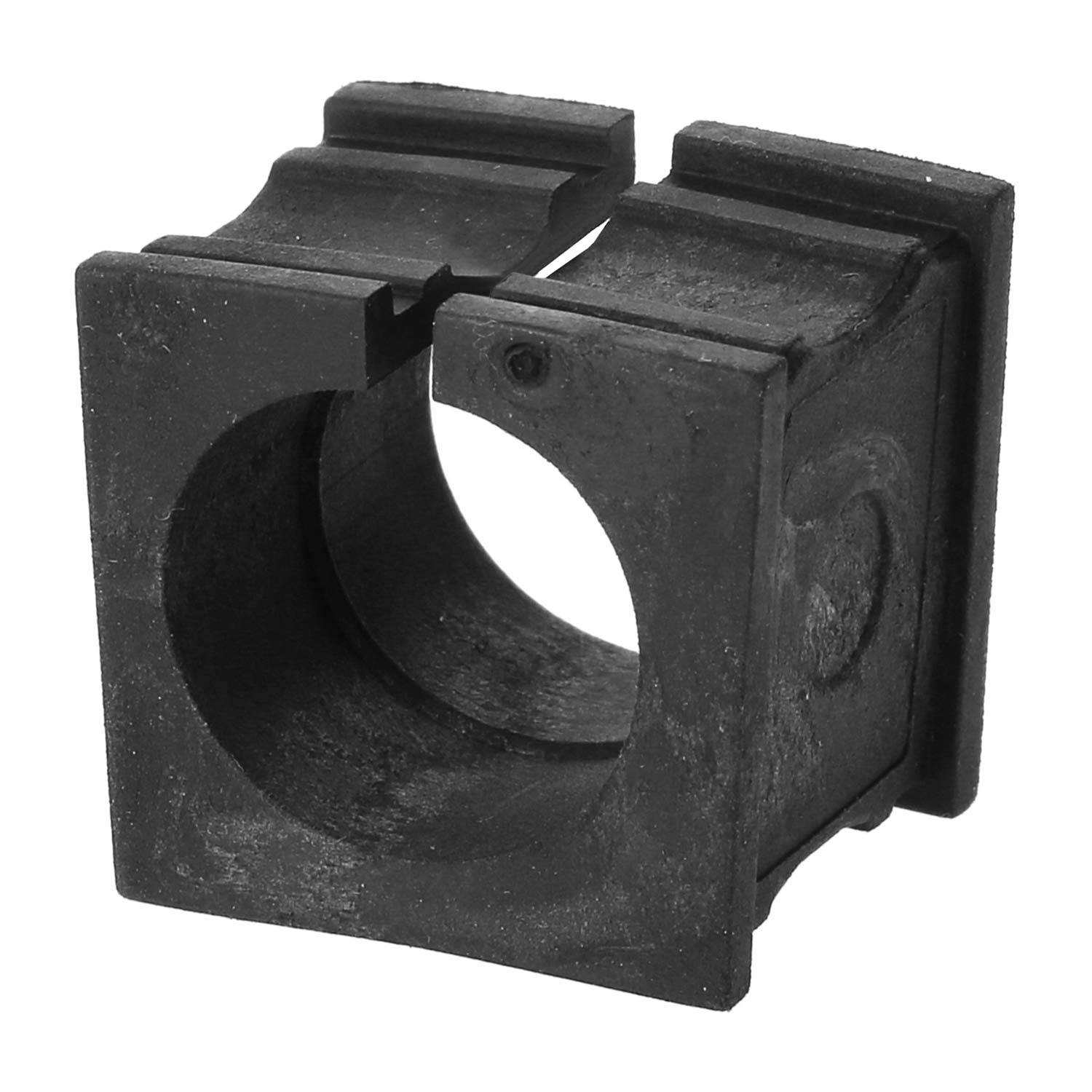 Ein schwarzer, quadratischer Gummidämpfer mit einem kreisförmigen Loch in der Mitte und einem Schlitz an der Oberseite, der zur Reduzierung von Vibrationen in Maschinen verwendet wird.