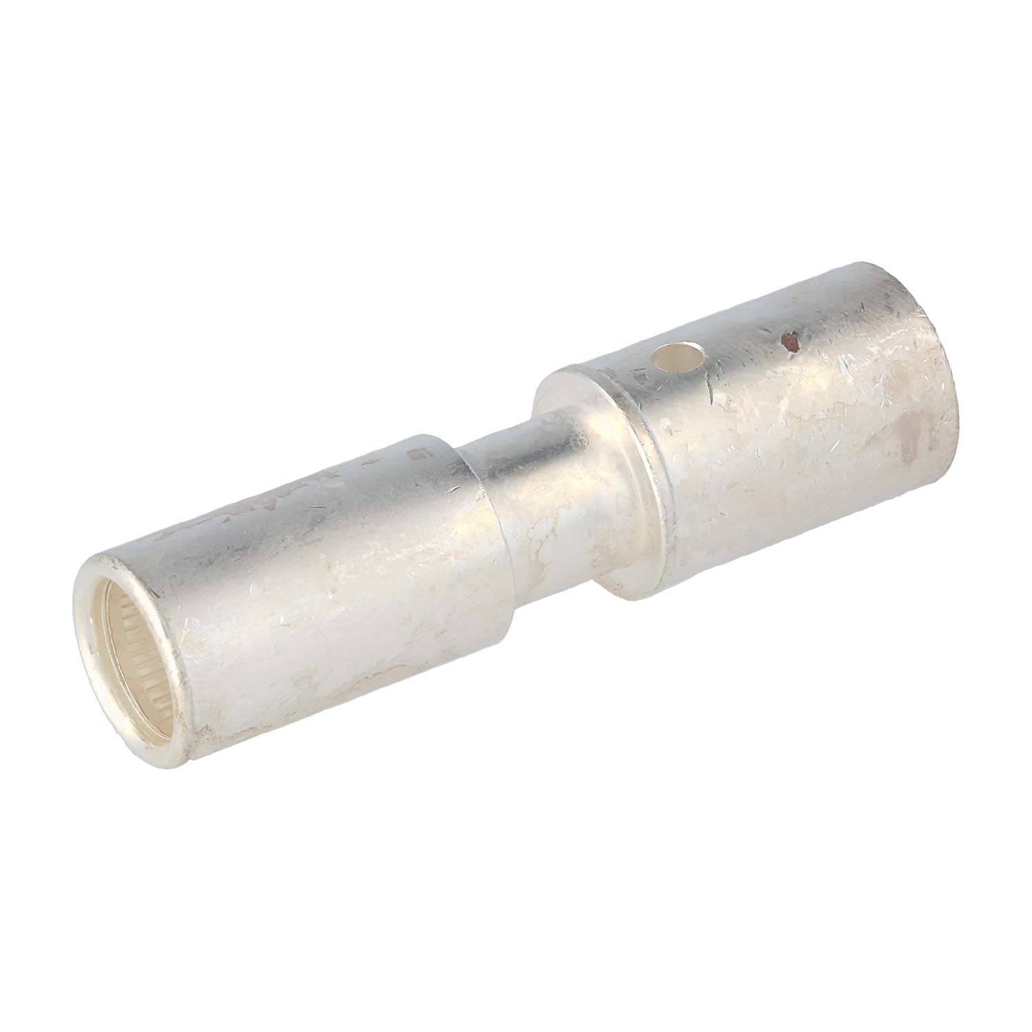 Ein metallischer zylindrischer Verbinder mit zwei verschiedenen Durchmessern, ausgestattet mit einem Loch in der Nähe eines Endes. Wird zum Verbinden von Kabeln oder Rohren verwendet.