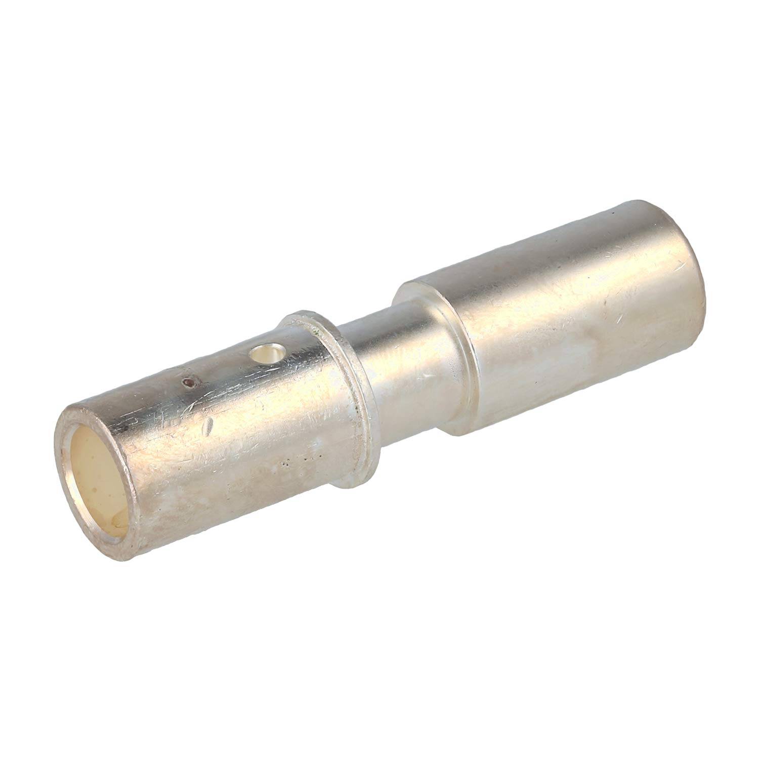 Ein einzelner silberner Metallrohrverbinder mit glatter Oberfläche, mit einer kleinen Erhebung nahe einem Ende für sichere Befestigung.