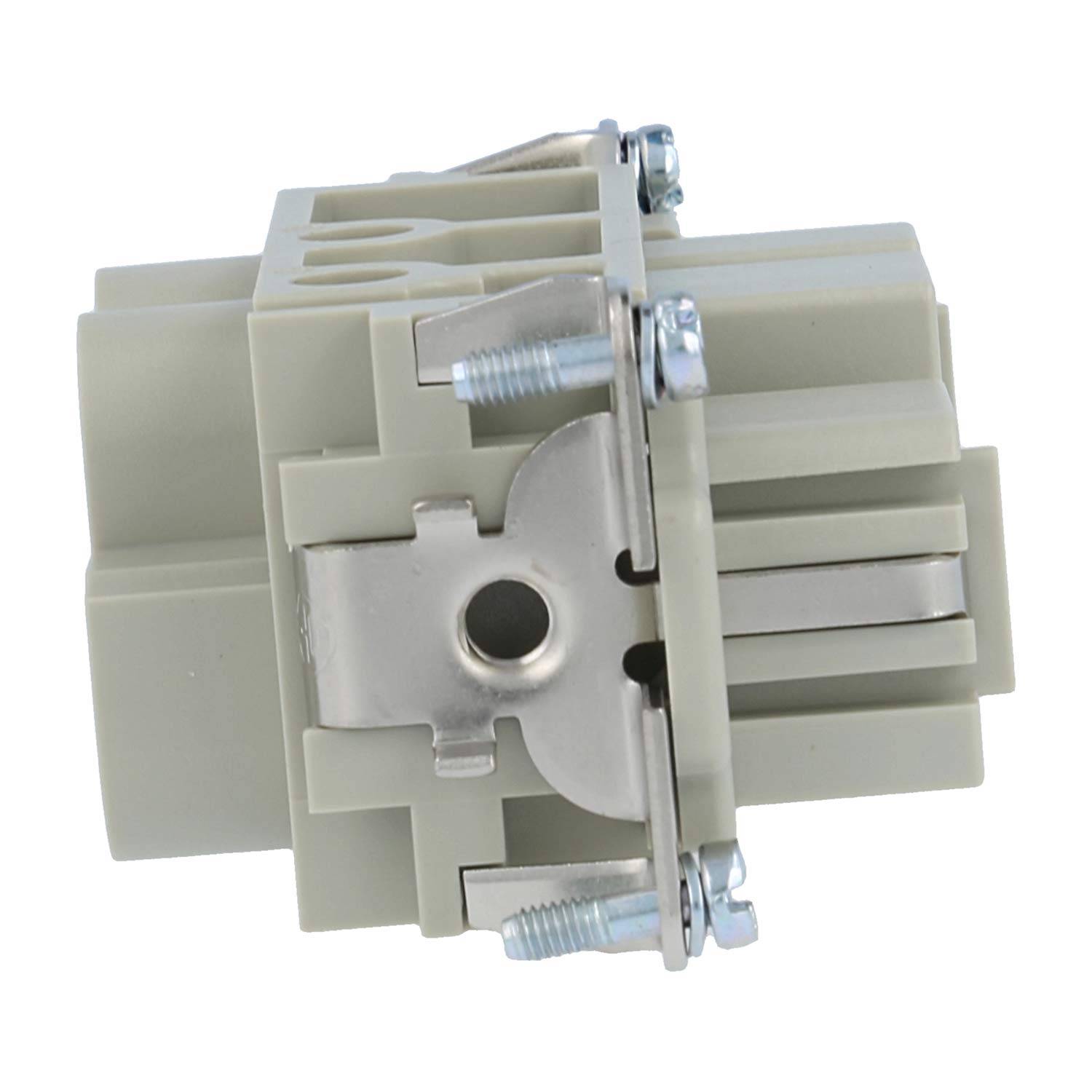 Ein Nahaufnahmebild einer elektrischen Steckerkomponente mit kunststoffgehäuse und metallschrauben, das ein dreifach-anschlussdesign zeigt.