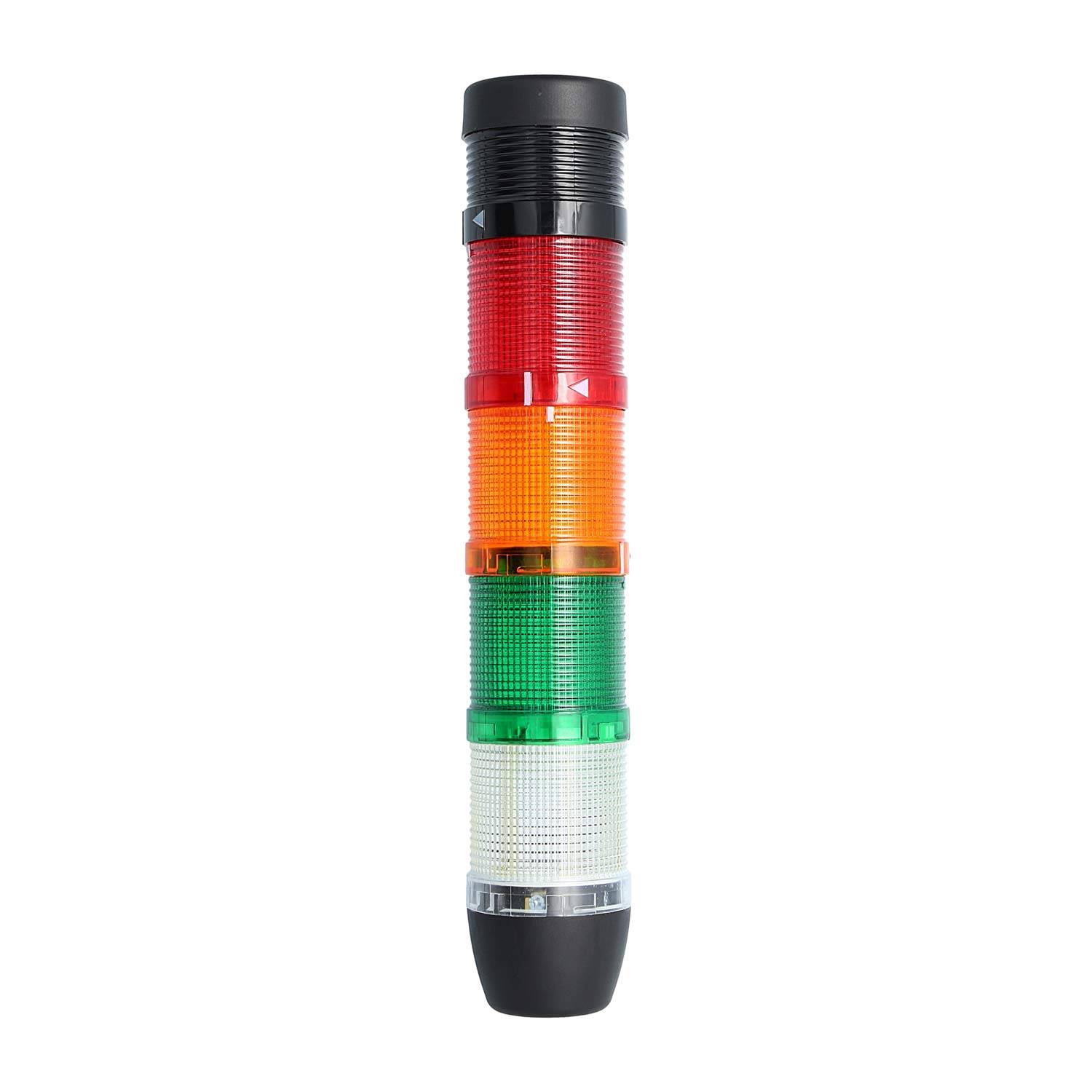 Eine Signalleuchte mit vier Farben: Rot, Orange, Grün und Weiß, die jeweils verschiedene Maschinenzustände oder Prozessphasen anzeigen.