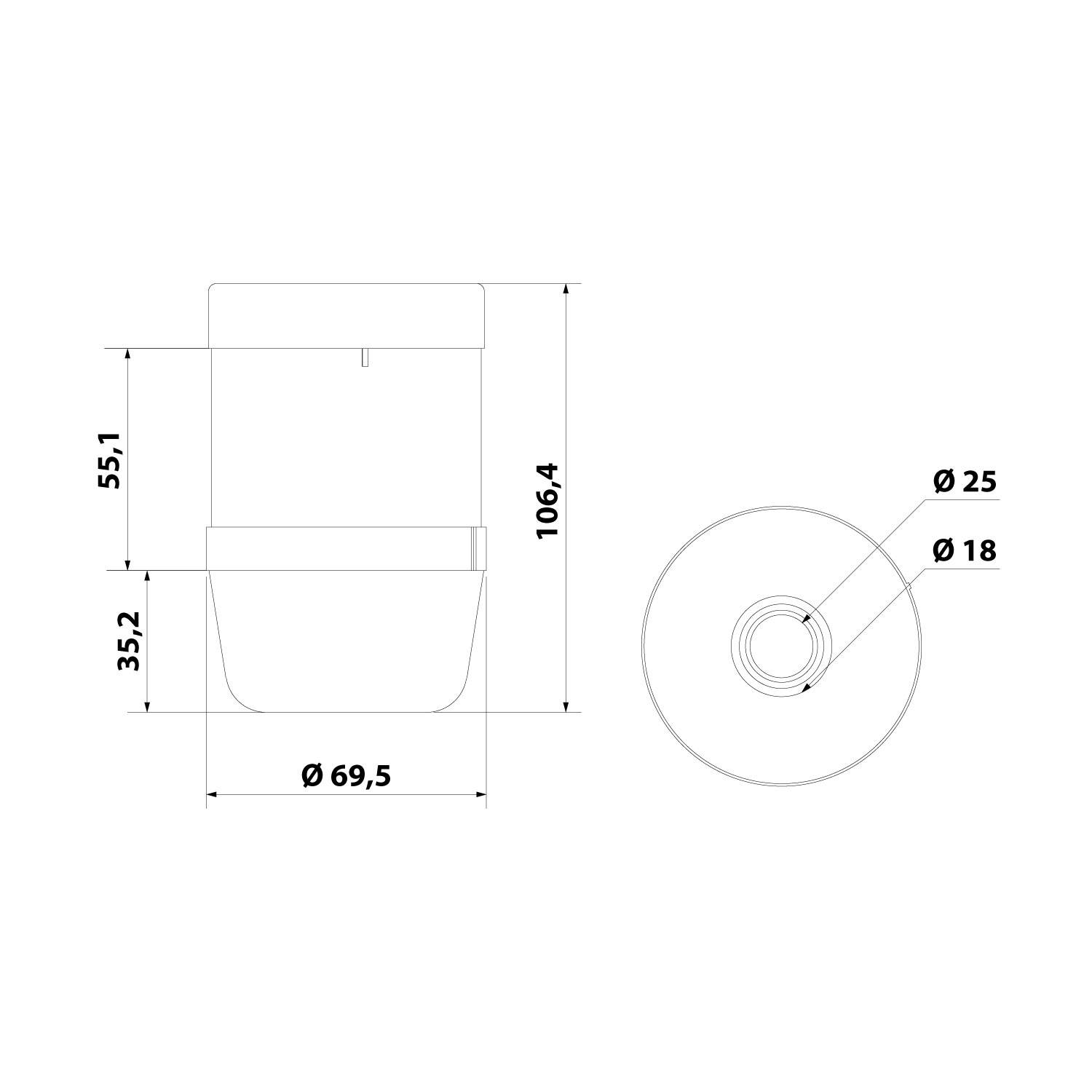 Diagramm eines zylindrischen Behälters mit Maßen: Höhe 106,4, Durchmesser 69,5. Enthält Schnittdetails mit Durchmessern 25 und 18.