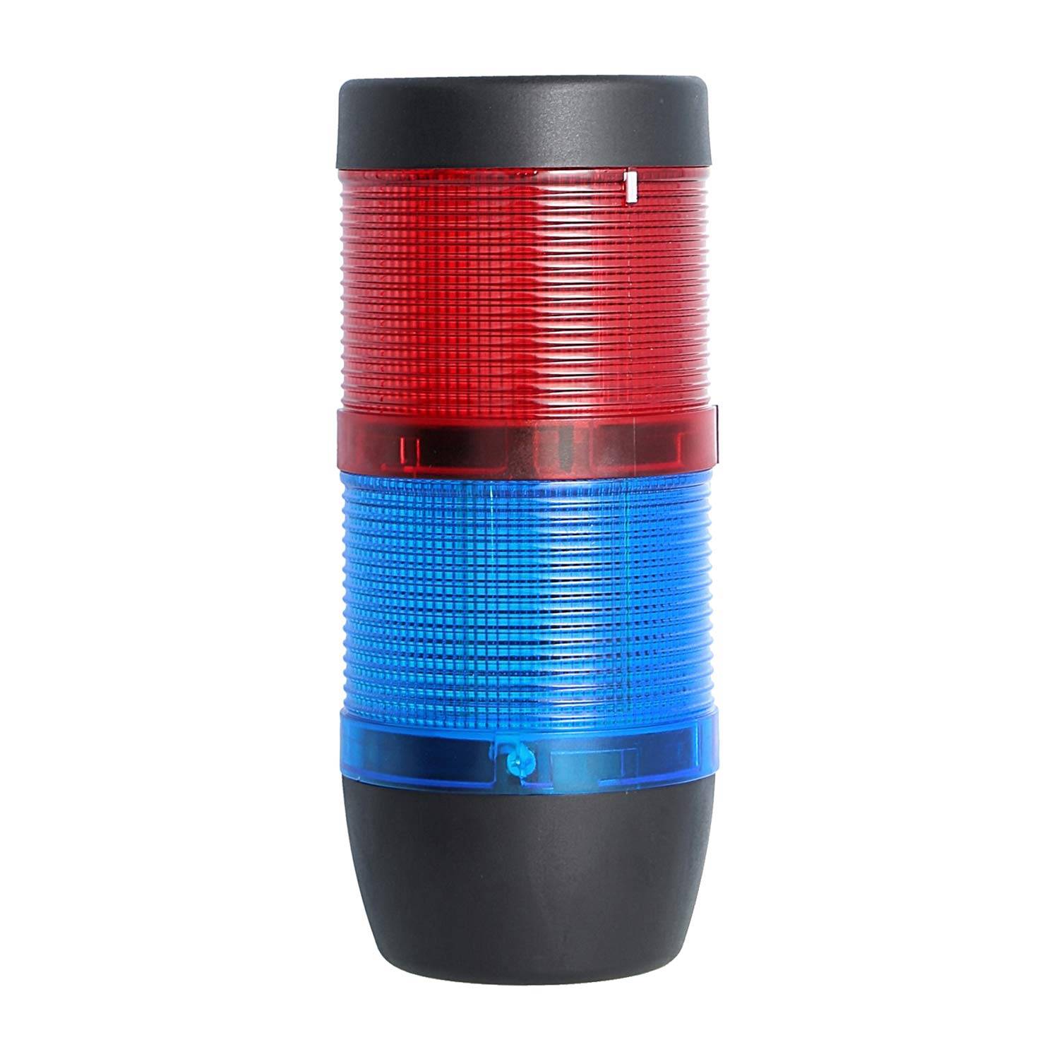 Ein zylindrischer rot-blauer LED-Warnleuchte mit schwarzen Endkappen, die einer Polizeisirene ähnelt.