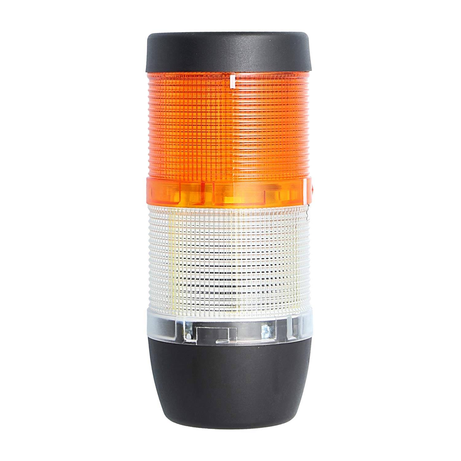 Eine zylindrische, stapelbare LED-Signalleuchte mit einem orange und weißen Abschnitt, die zur industriellen Signalisierung verwendet wird.