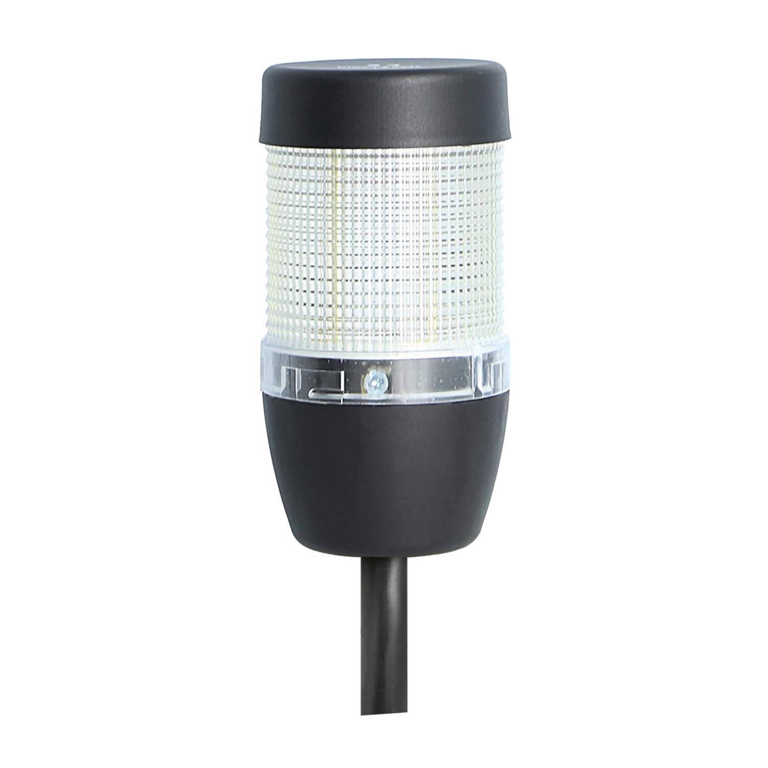 Eine schwarze und weiße zylindrische Outdoor-LED-Wegelampe mit strukturierter Lampenschirm, auf einem einzelnen Pfosten montiert, für den Gartenbereich konzipiert.