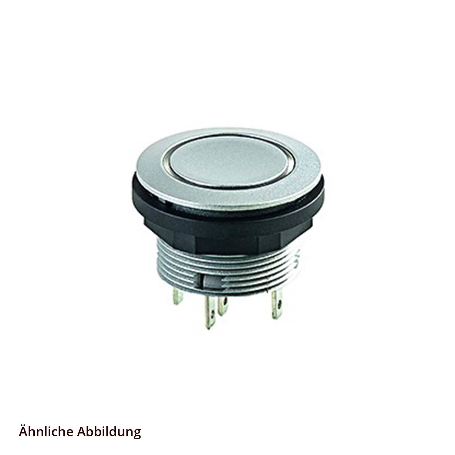 Ein silberner Drucktastenschalter mit mehreren Anschlusspins darunter, konzipiert für elektronische Geräte.