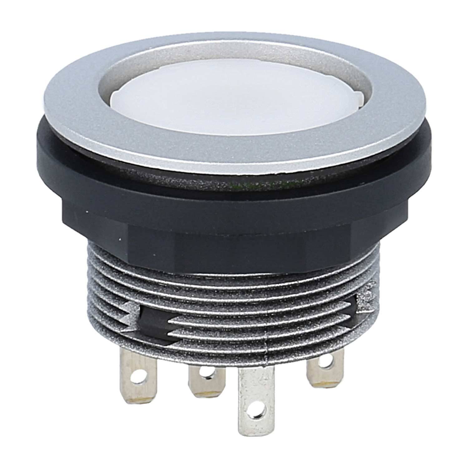 Ein runder, metallischer Drucktaster mit fünf Anschlusspins, silber und schwarz in der Farbe, der für elektrische oder mechanische Betätigungen verwendet wird.