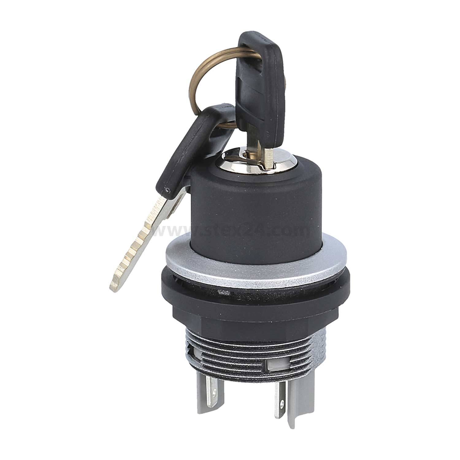 Ein Metallzylinderschlüsselschalter mit einem eingelegten Schlüssel, der zur Steuerung elektrischer Stromkreise verwendet wird.