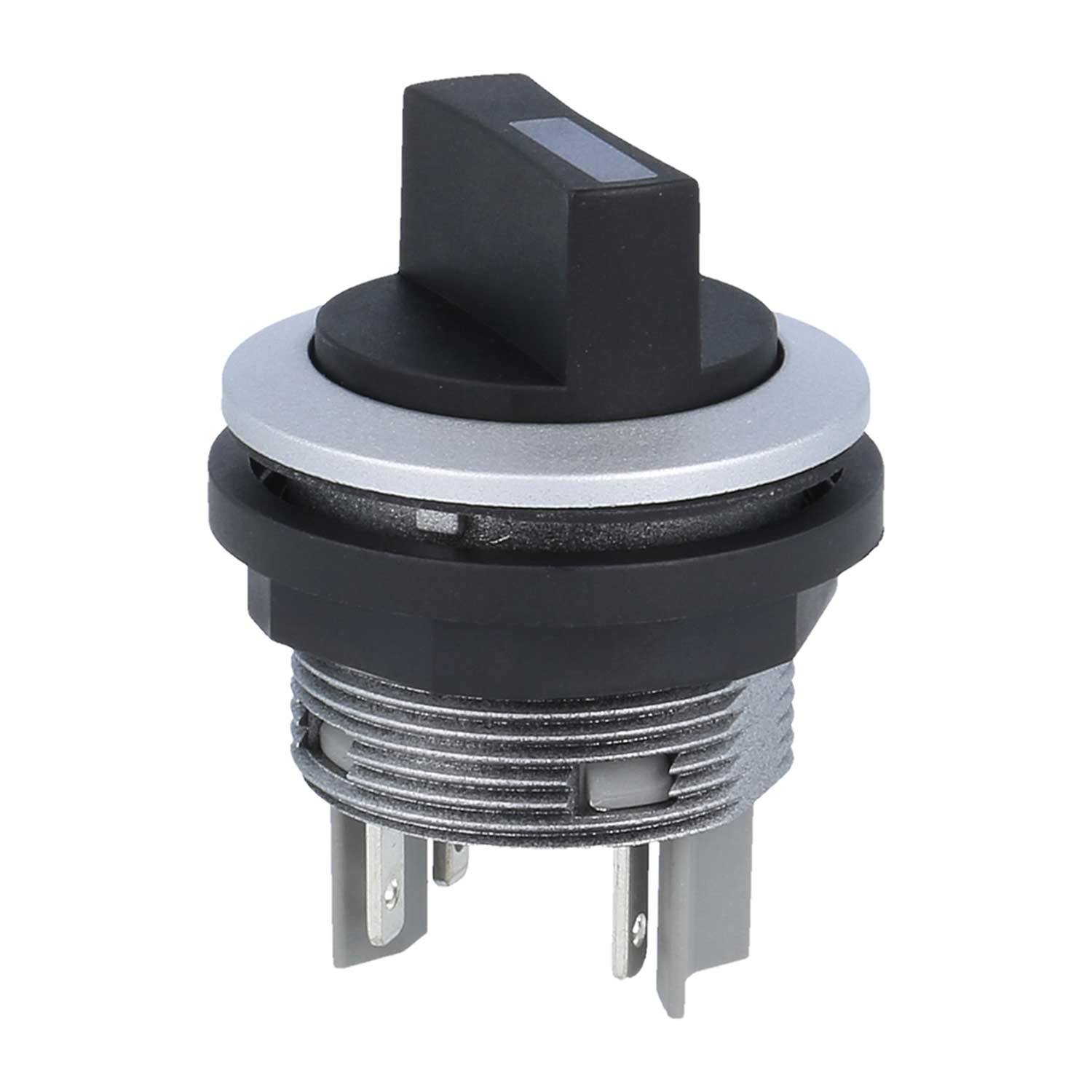 Ein runder Schlüsselschalter mit einem schwarzen Knopf und drei Metallzacken, der zur Steuerung elektrischer Schaltkreise oder Geräte verwendet wird.