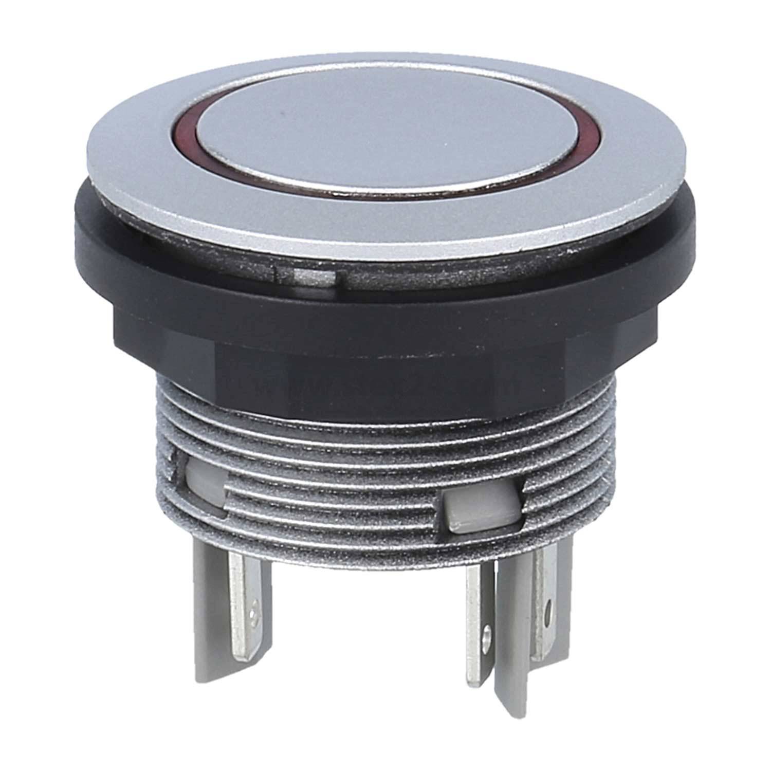 Ein runder, metallischer Drucktaster mit einem schwarzen Kunststoffgehäuse und vier Metallanschlüssen, der häufig in elektronischen Geräten verwendet wird.