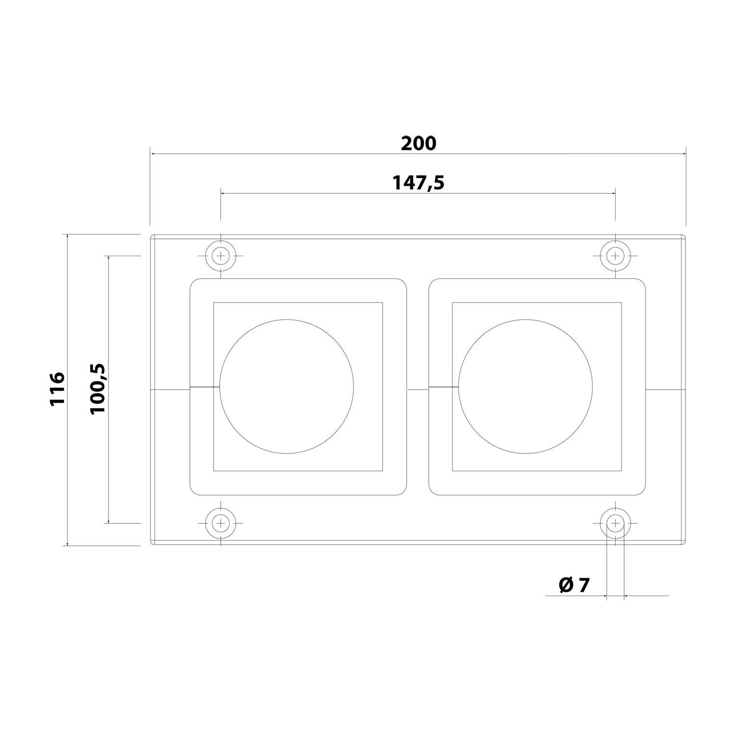 Technische Zeichnung einer Doppel-Steckdosenpanel mit beschrifteten Abmessungen: Außenabmessungen 200x116, Kreise mit Durchmesser 147,5 und Befestigungslöcher mit Durchmesser 7.