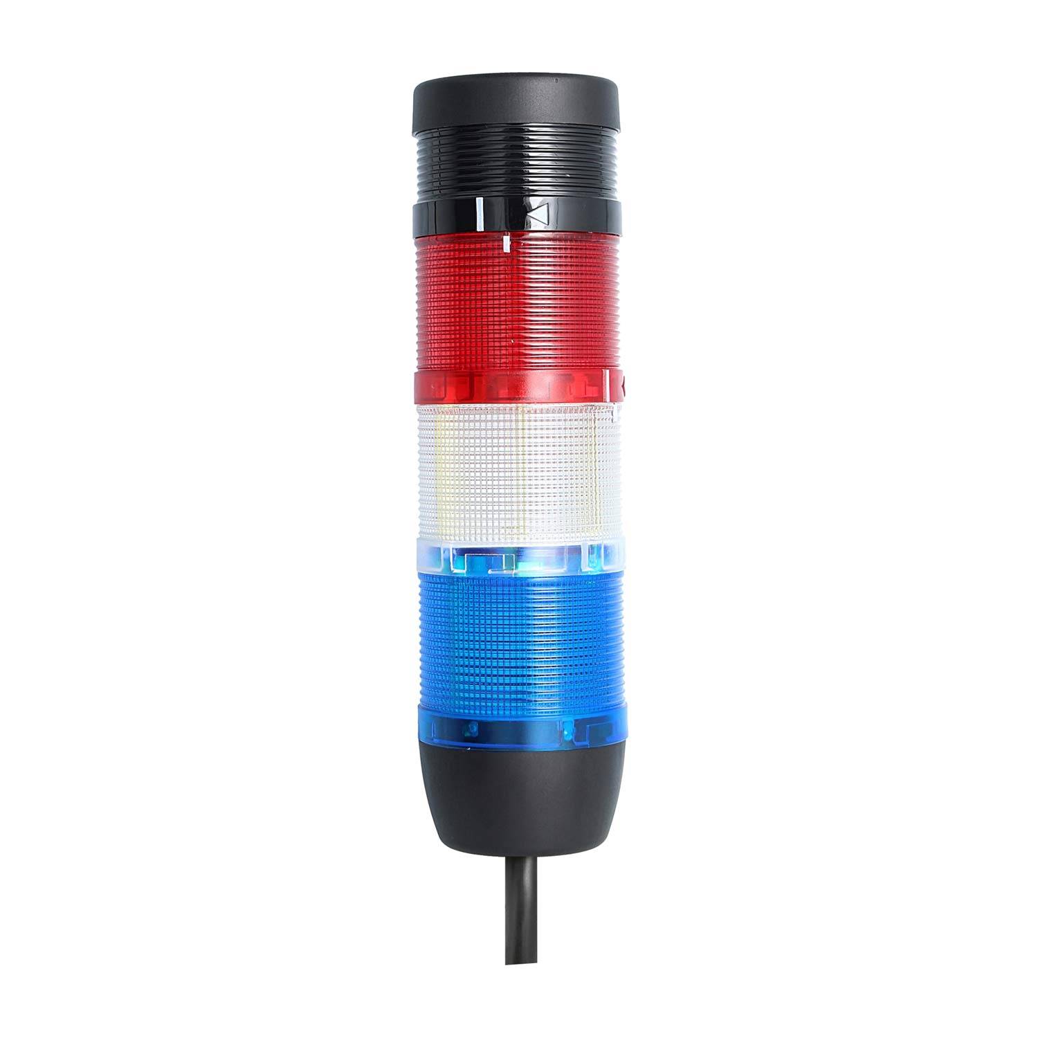 Ein rot, weiß und blau beleuchteter Signalturm mit schwarzem Sockel und Kabel, der üblicherweise zur Anzeige des Maschinenstatus oder von Warnungen verwendet wird.