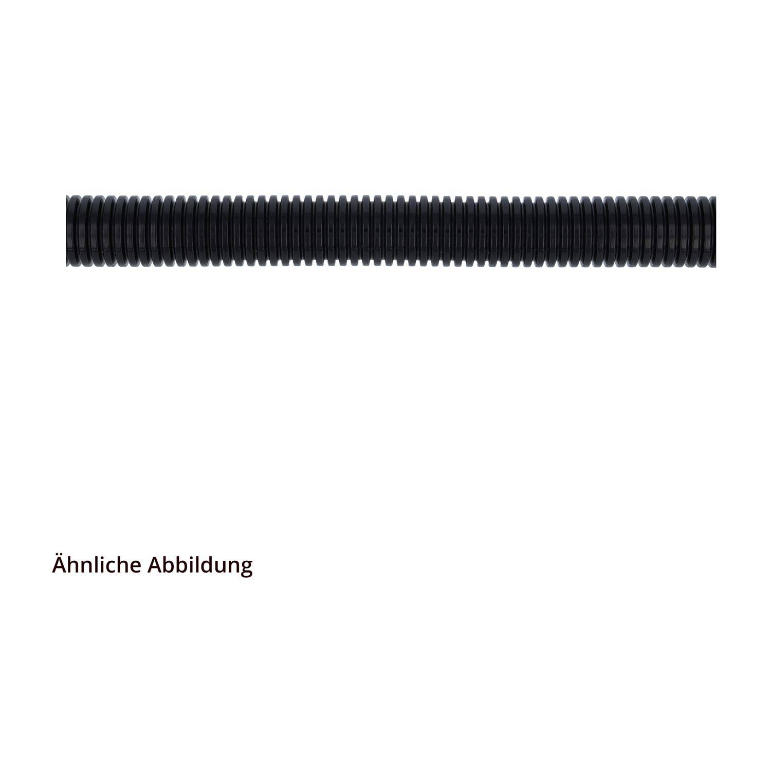 Ein schwarzer gewellter Schlauch, horizontal auf einem weißen Hintergrund dargestellt.