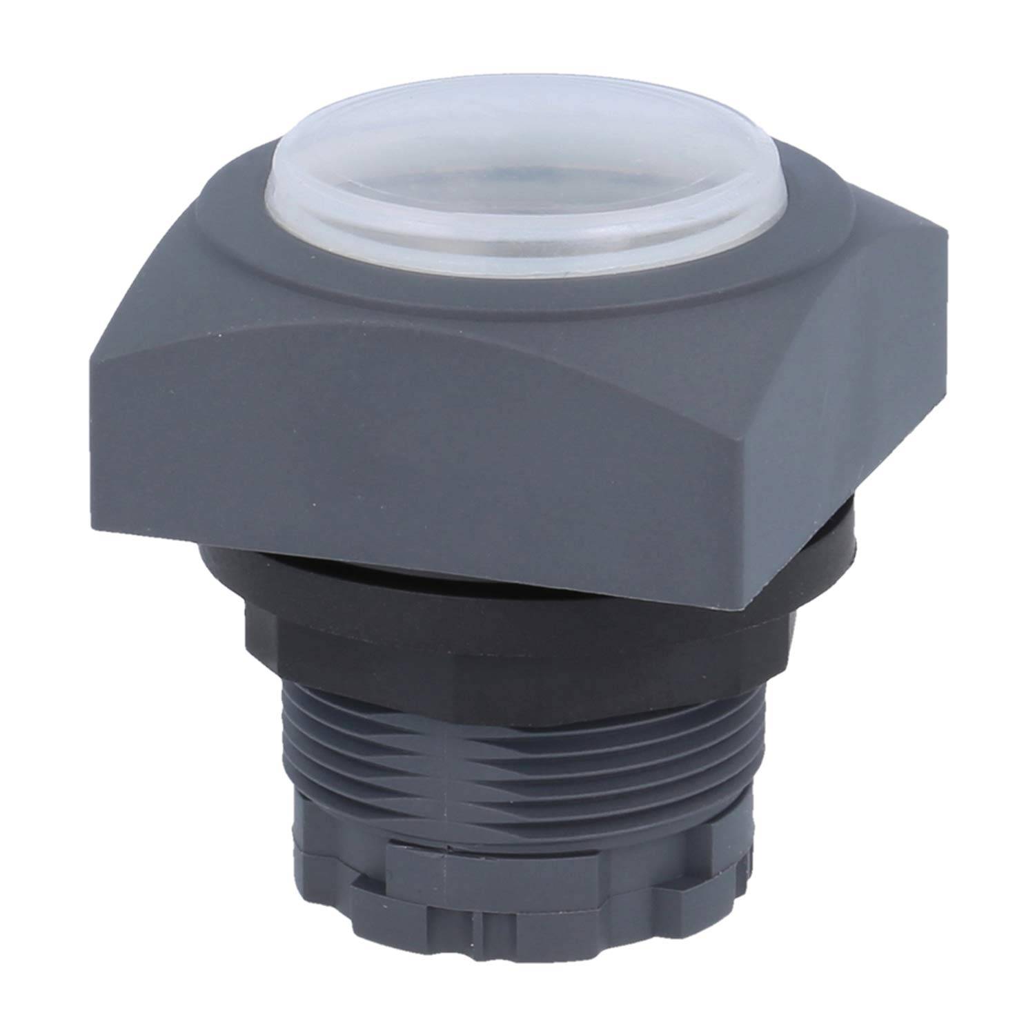 Ein schwarzer industrieller Drucktaster mit transparenter Oberseite, montiert in einem sechseckigen schwarzen Gehäuse, vorgesehen für Elektroverteiler.