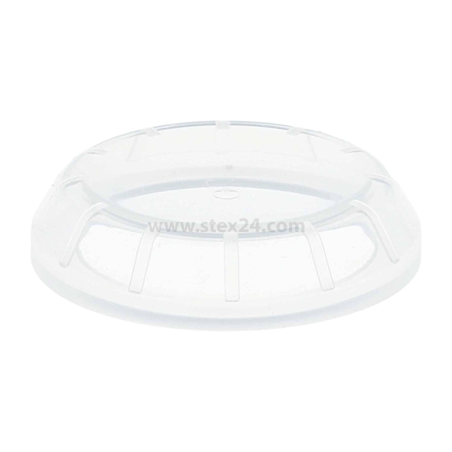 Ein halbdurchsichtiger Kunststoffdeckel mit radialen Rillen, von oben betrachtet, mit einem zentrierten Logo.