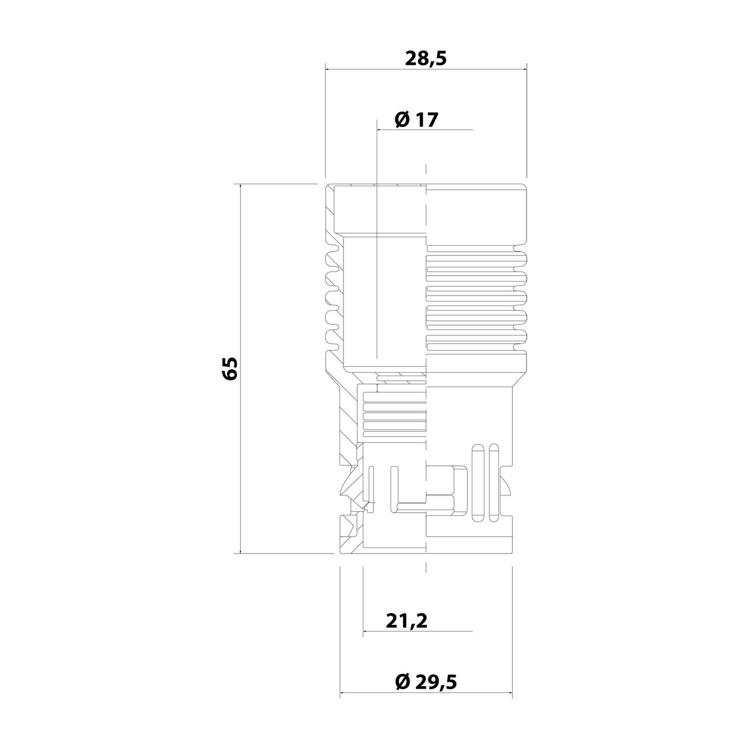 Technisches Diagramm eines mechanischen Teils mit Abmessungen: Höhe 65, Durchmesser 29,5 an der Basis und 17 an der Spitze, Gesamtbreite 28,5.