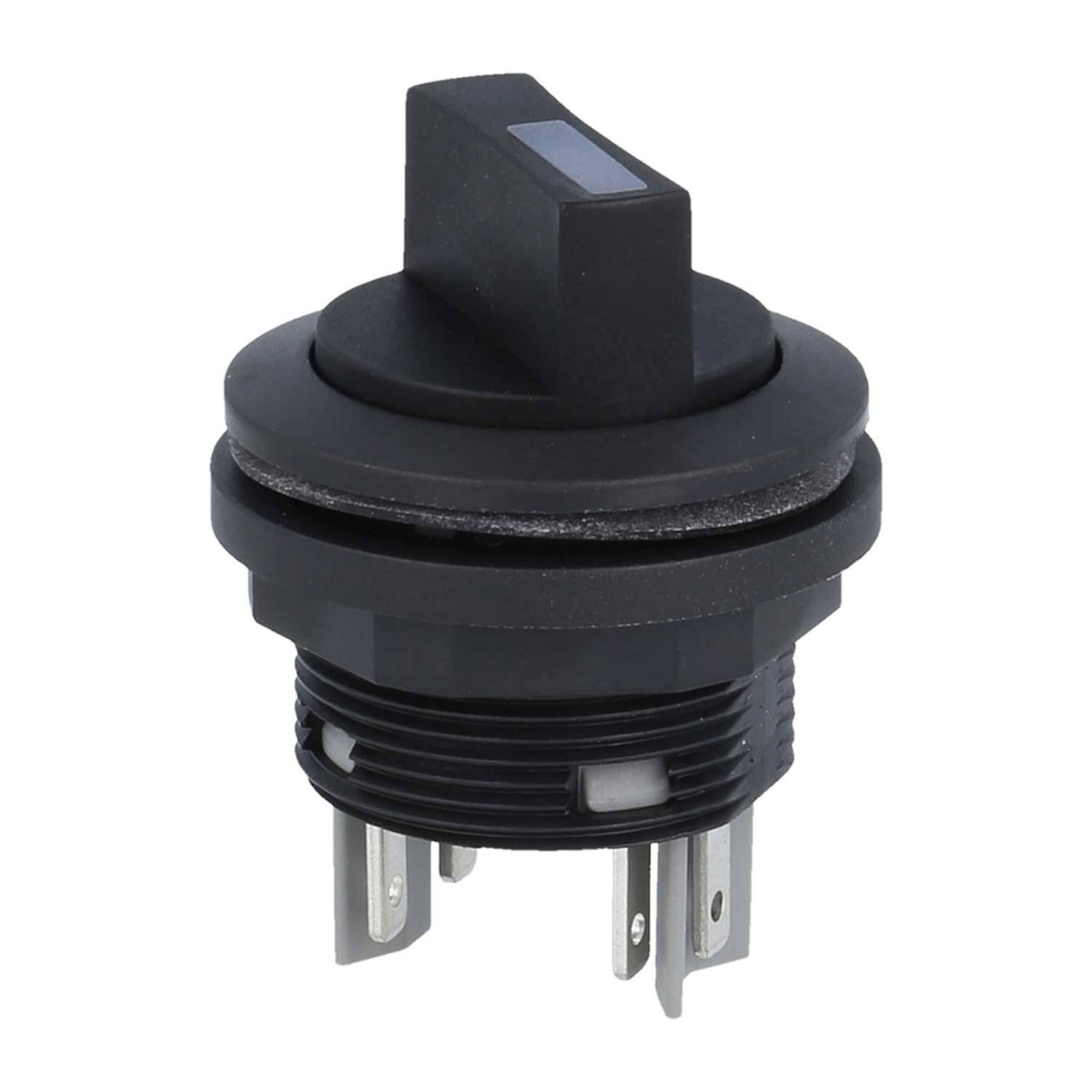 Ein schwarzer Drehschalter mit vier Metallzinken, entwickelt für elektronische Geräte. Er verfügt über einen rechteckigen Griff zum einfachen Drehen.