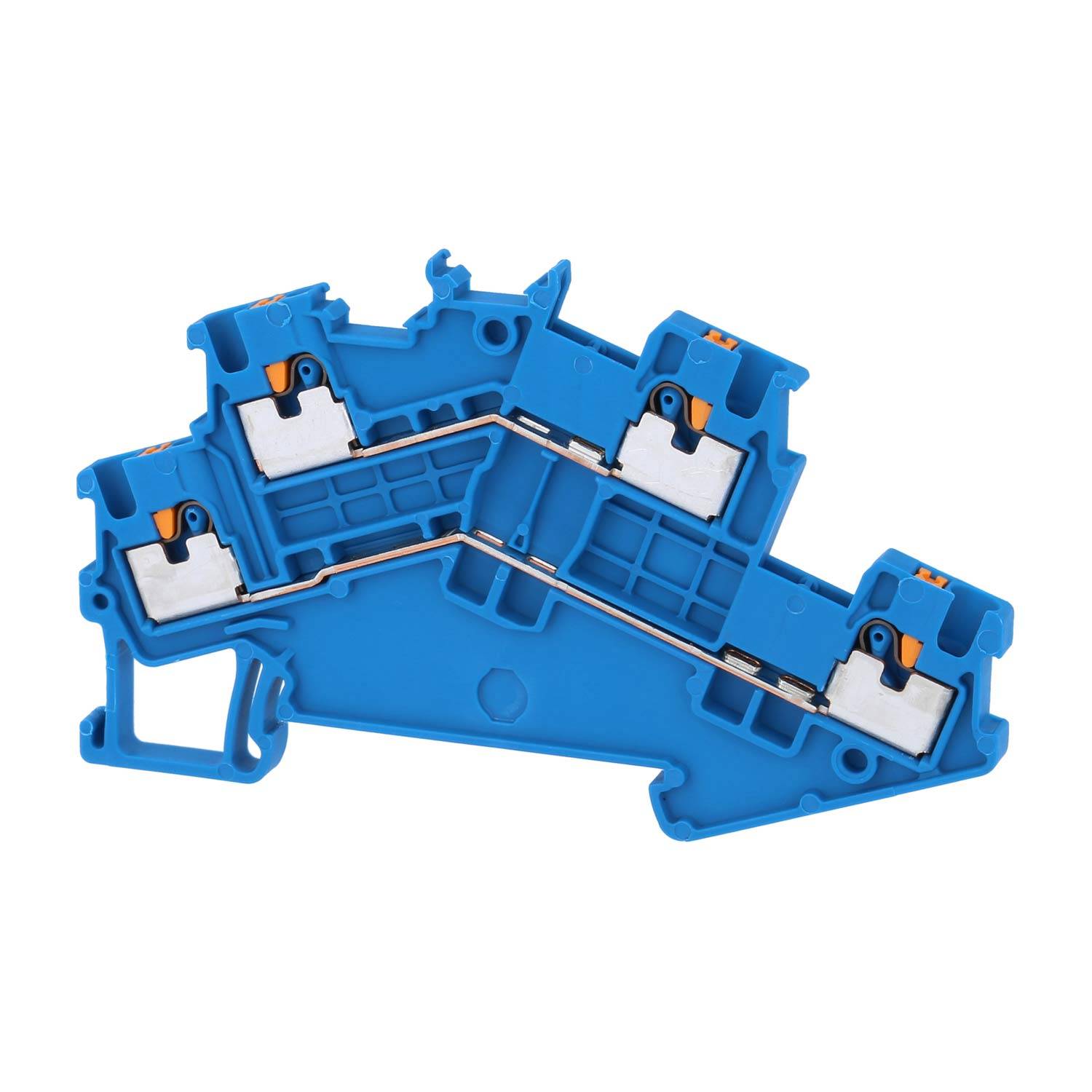 Ein blauer elektrischer Klemmblock mit mehreren Anschllusspunkten und einer komplexen Form, konzipiert für die Verkabelung in elektrischen Installationen.