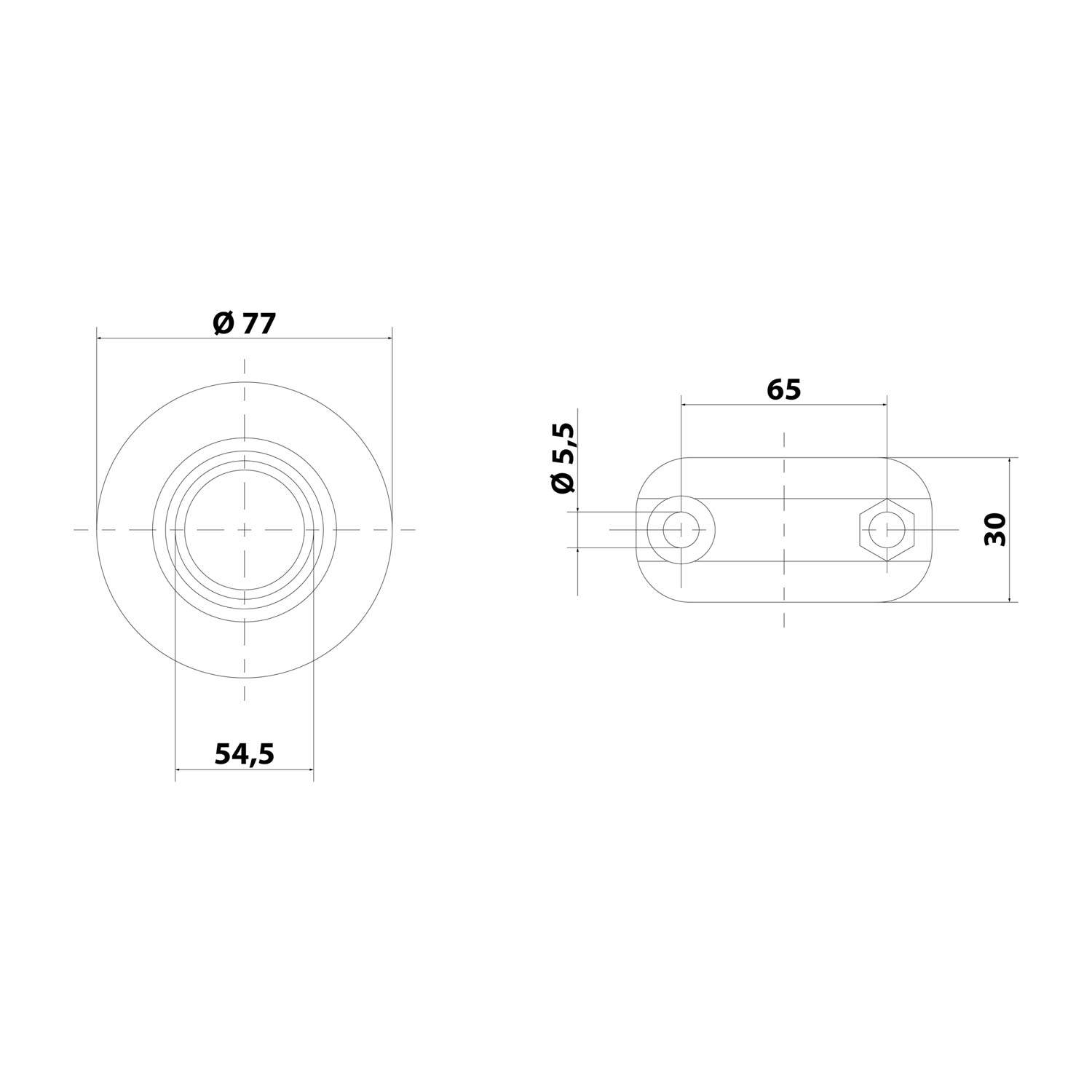 Technische Zeichnung eines kreisförmigen Objekts mit Abmessungen: 77mm Durchmesser, 54,5mm Innenkreis. Die Seitenansicht zeigt Bohrungen mit 5,5mm Durchmesser, 65mm Abstand.