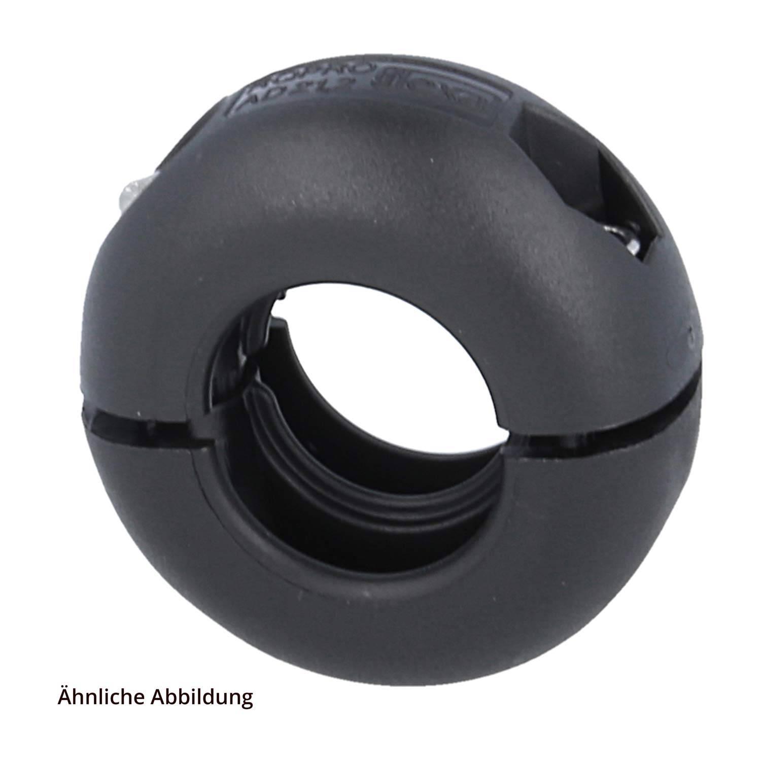 Eine zylindrische schwarze Kunststoffklemme mit Scharnierdesign, die zum Sichern von Kabeln verwendet wird und eine robuste und funktionale Bauweise aufweist.