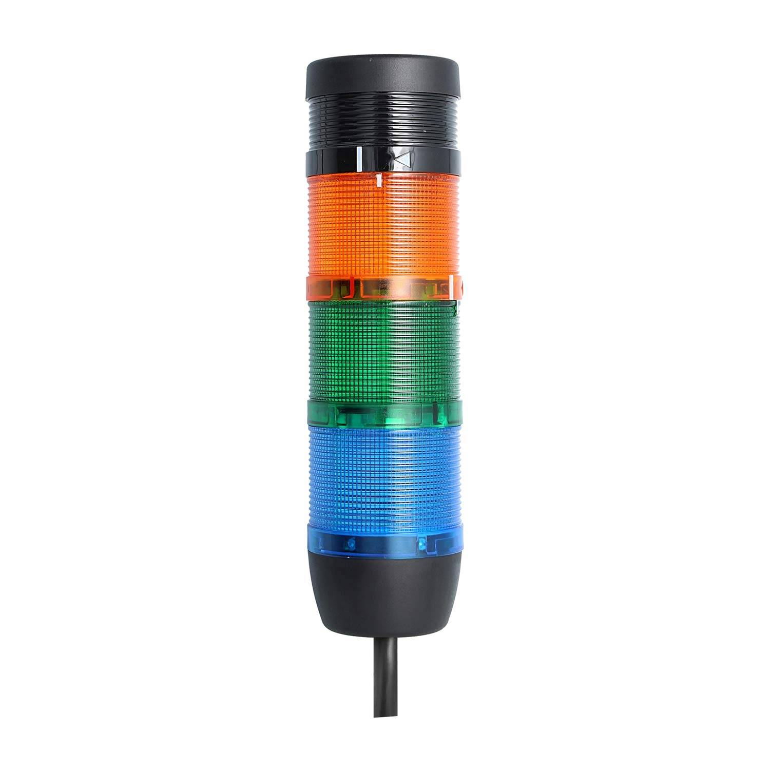 Eine Signalleuchte mit drei Abschnitten: orange, grün und blau, die typischerweise zur Anzeige des Maschinenstatus oder von Betriebsalarmen verwendet wird.