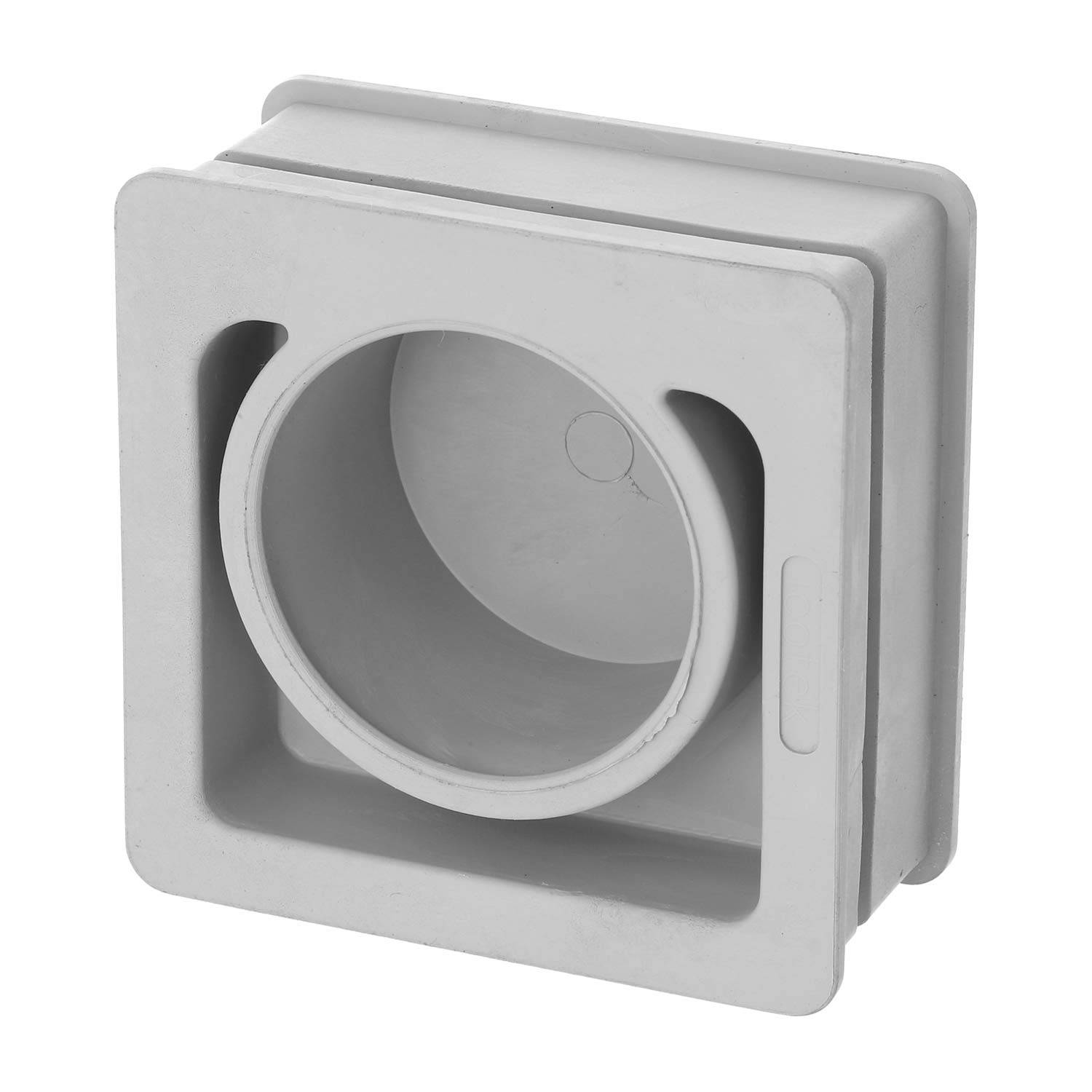 Ein quadratischer, hellgrauer Kunststoff-Luftkanaladapter mit einer zentralen kreisrunden Öffnung, der zum Verbinden von Abschnitten der Luftkanäle in HVAC-Systemen verwendet wird.