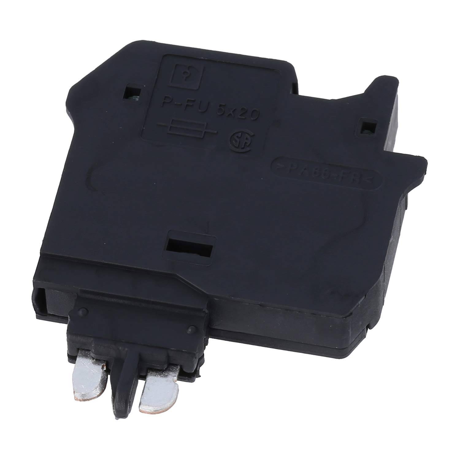 Eine schwarze, rechteckige elektrische Komponente mit zwei metallischen Stiften, die von unten hervorstehen, höchstwahrscheinlich als Sicherung oder Schaltkreiselement verwendet.